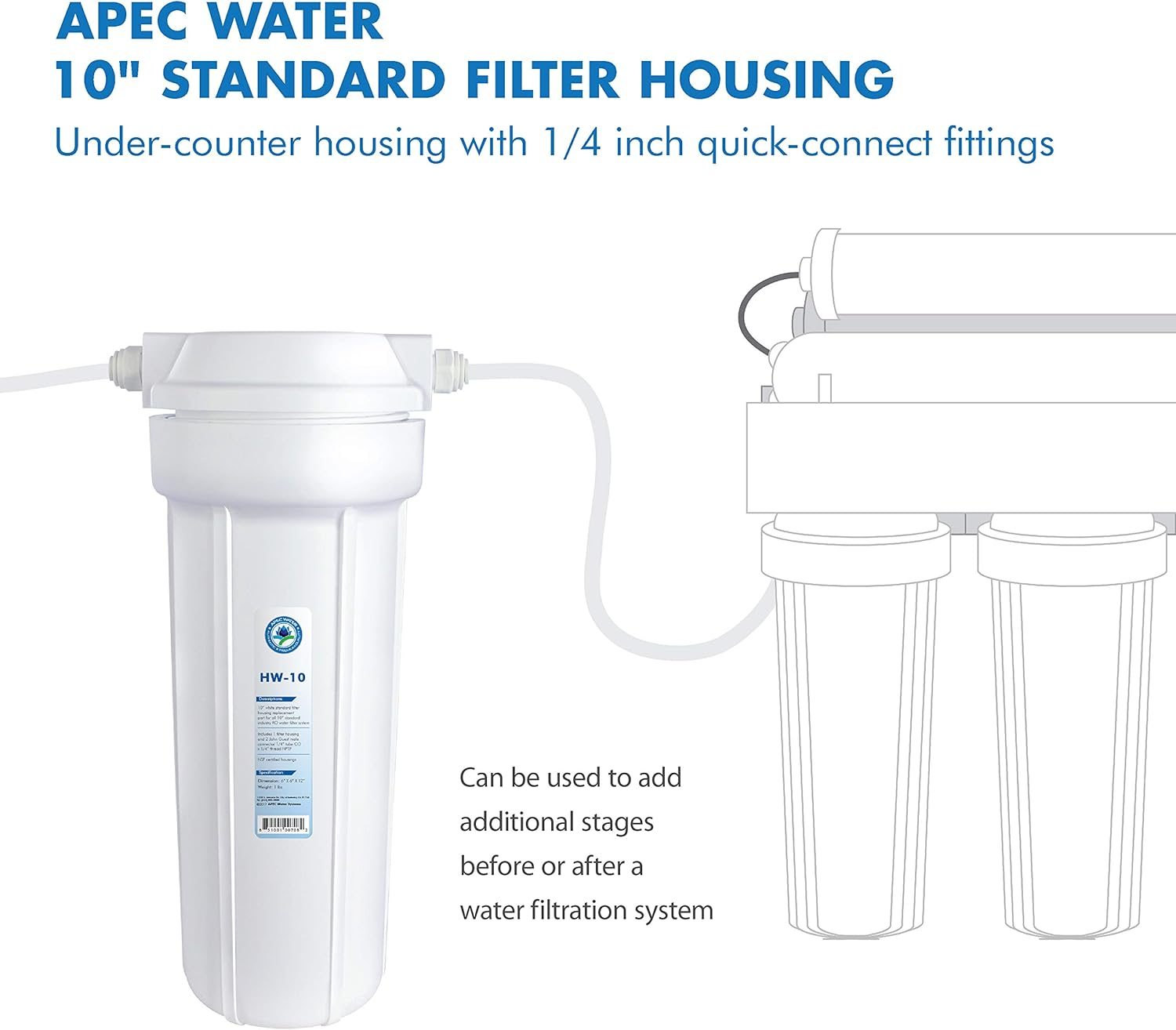 APEC Water Systems HW-10 10" White Standard Filter Housing with 1/4" John Guest Fittings image number 1