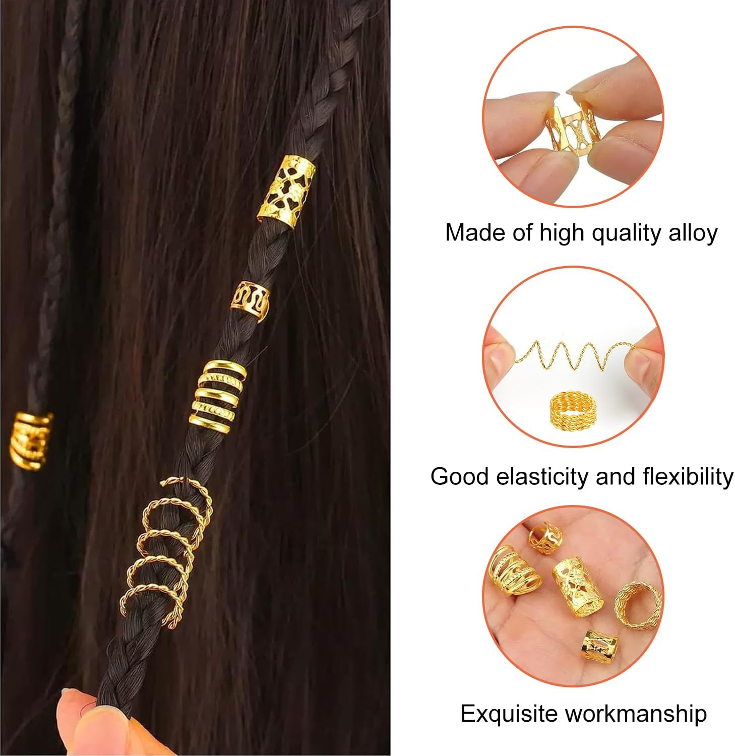 Icovalescent Pack of 110 Gold Hair Accessories for Braids, Adjustable Metal Hair Braid Rings, Hair Accessories for Dreadlocks for Men, Women, Girls and Boys Braids image number 5