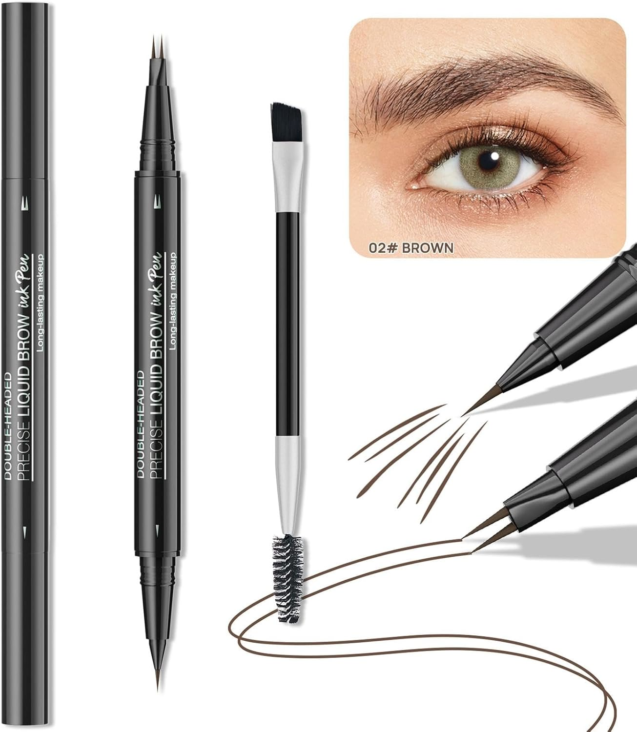 Microblading Eyebrow Pen, Double-Headed Eye Brow Pen with Brush, 2-Fork-Tip Curved Brow Pen Waterproof Eyebrow Tint Pen, Long Lasting Makeup - 01 Light Brown + Eyebrow Brush image number 6