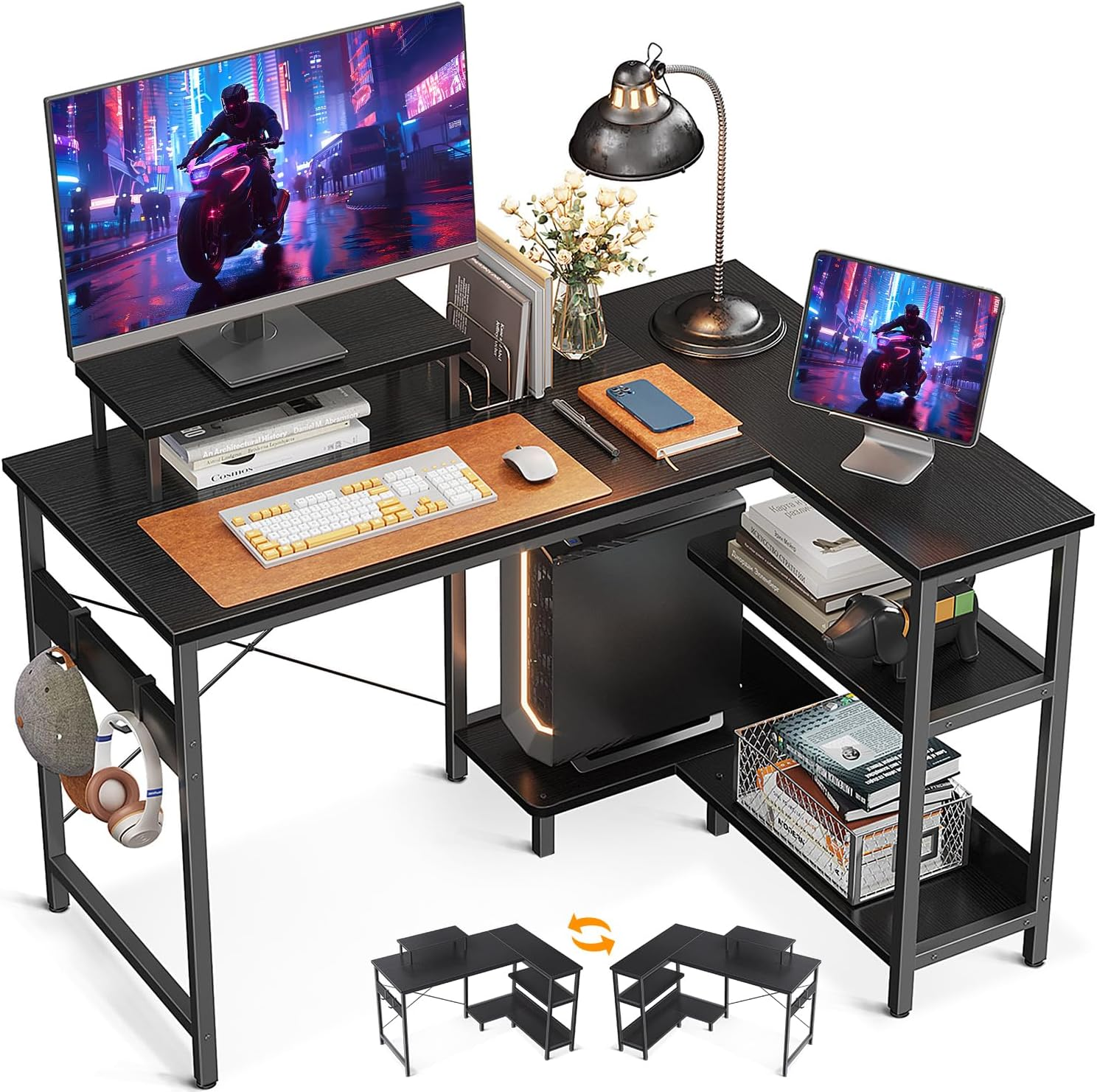 ODK L Shaped Computer Desk with Reversible Storage Shelves, 100 * 70 * 87.7Cm, Corner Desk with Monitor Stand&Headphone Hook, Home Office Desk, Modern Simple Writing Table, Black