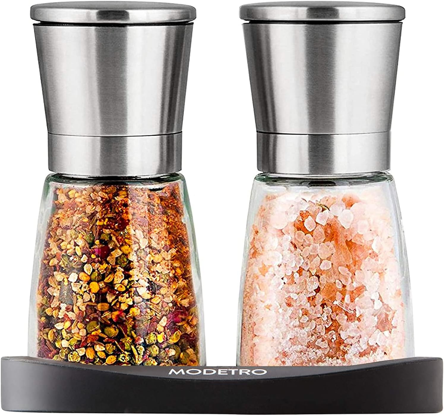 Salt and Pepper Grinder Set with Silicon Stand - Premium Pair of Salt & Peppercorn Mills with Adjustable Ceramic Coarseness - Brushed Stainless Steel and Glass Body Shakers image number 2