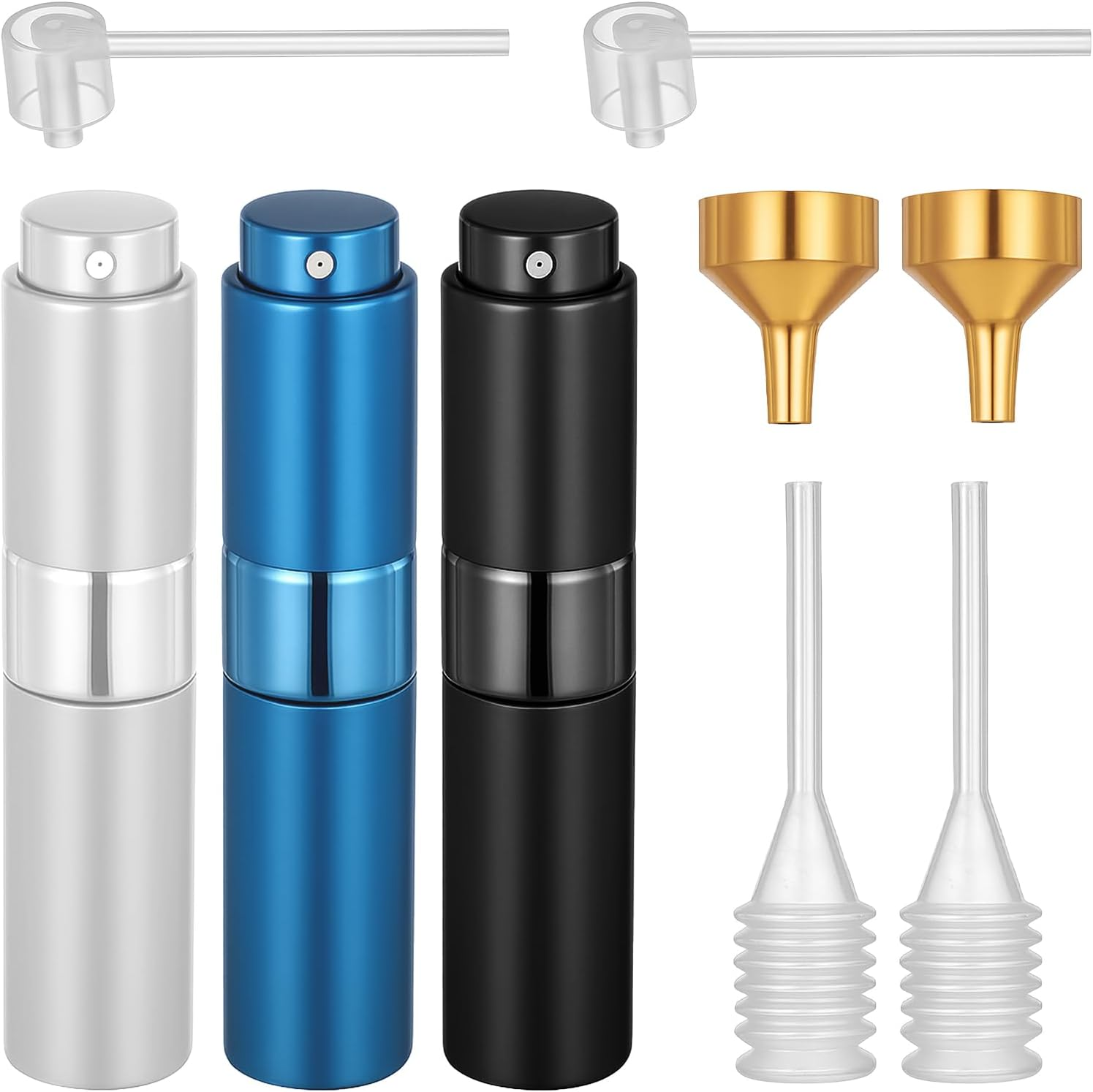 3 Pcs Travel Perfume Atomizer Refillable Mini Portable Sprayer Bottle Empty with Plastic Spring Dropper and Pump Head Dispensers and Metal Funnels for Women Men