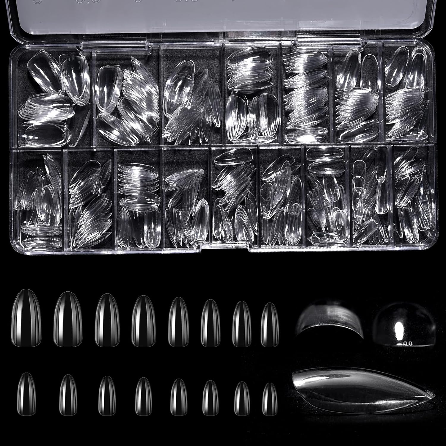 KADS 160Pcs Deep C Curve 16 Sizes Full Cover Nail Tips Clear Pre-Built False Nail Extension Thick Sculpted Acrylic Nail Tip for Flat Nails Deep Curve, Coffin