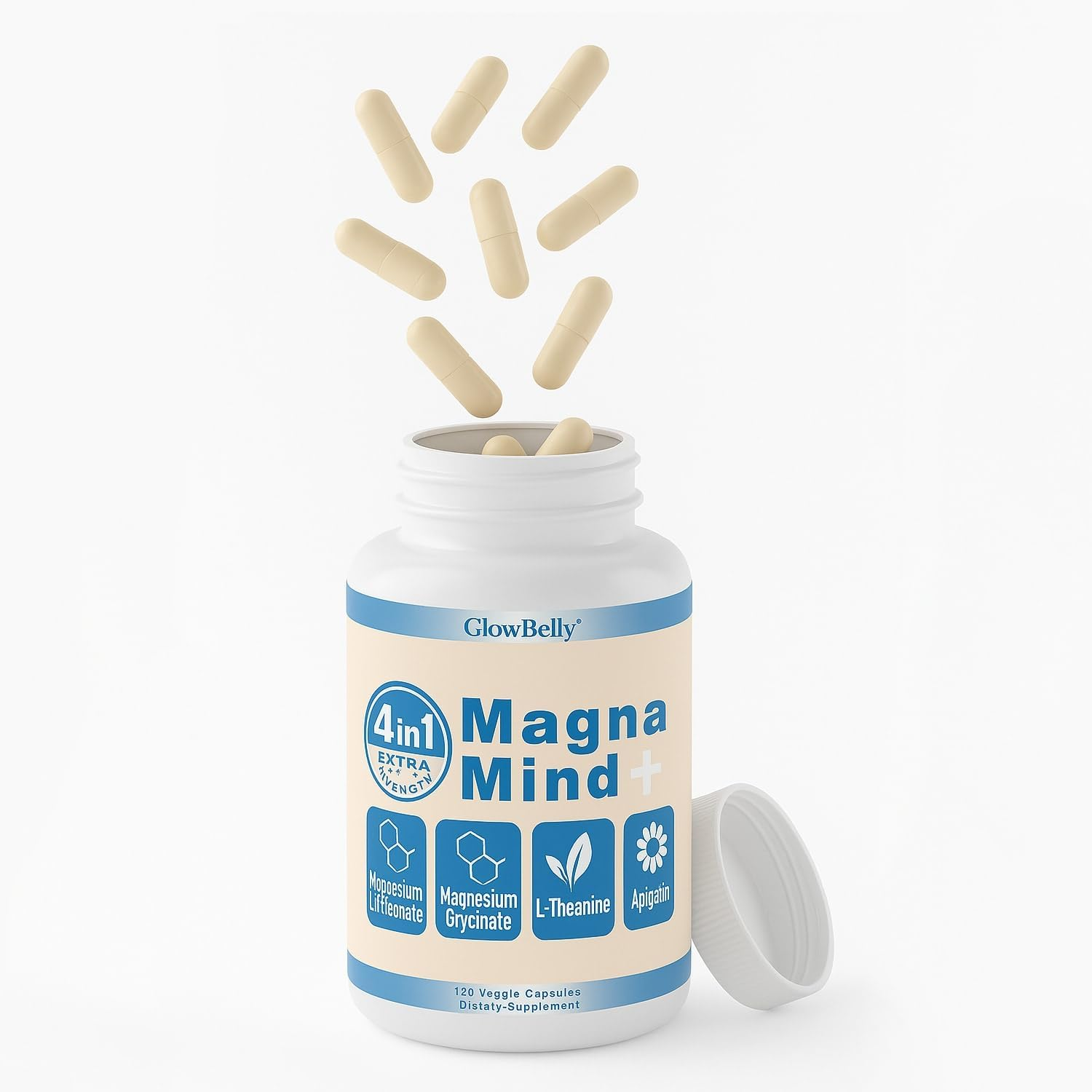 4 in 1 Magnesium L-Threonate, Magnesium Glycinate, L-Theanine & Apigenin | 120 Capsules Magnamind+ by Glowbelly image number 4