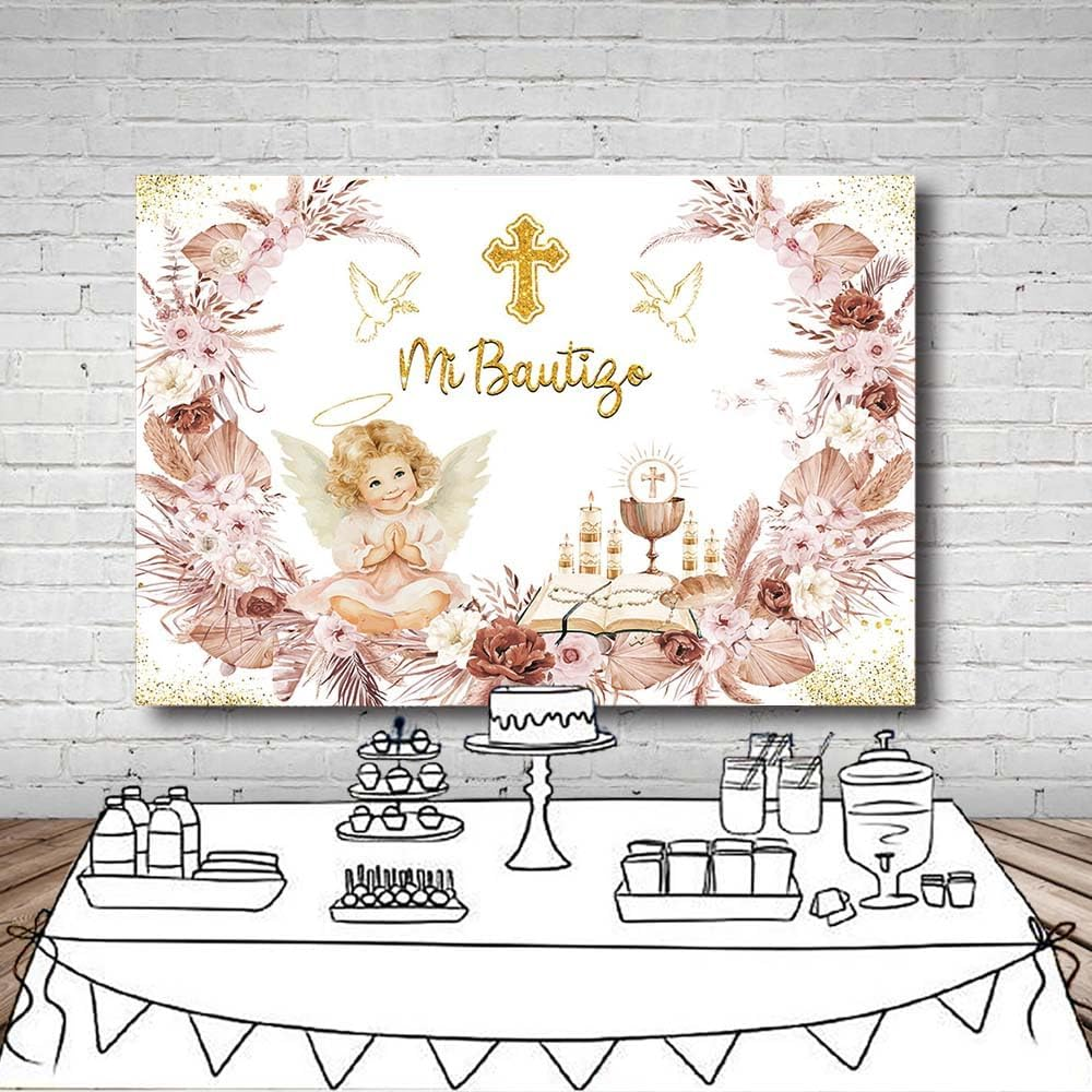 MEHOFOND 2.1 X 1.5 M Girls Christening Decoration Background Mi Bautigo Cross Bohemian Flower Photography Background First Communion Church Christening Party Decoration Banner Studio Supplies image number 6