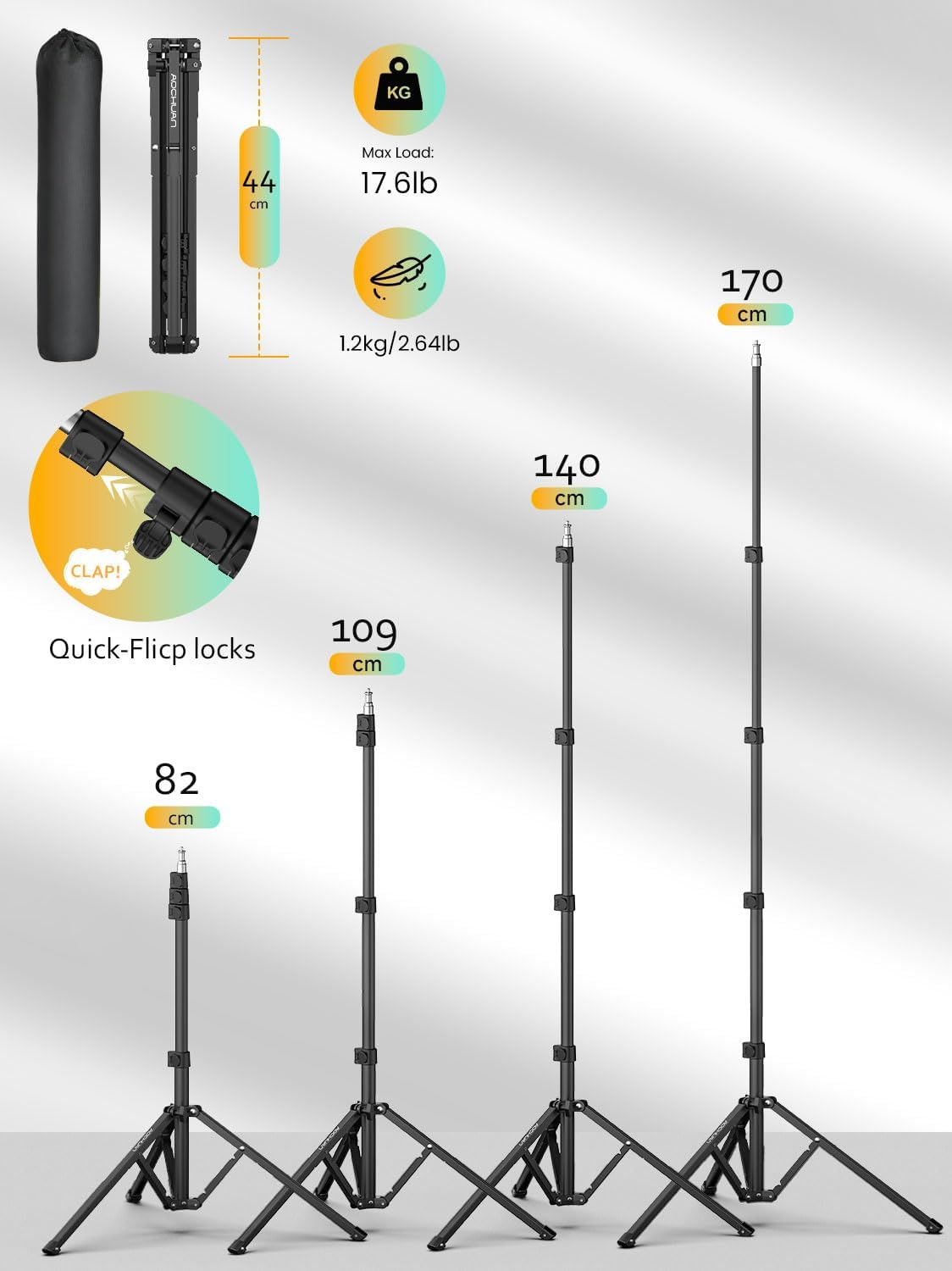 AOCHUAN 1.7M Complete Camera Tripod for Smartphones Camera Gimbal Stabilizers W/ 0.44M ~1.7M Aluminum Alloy Lighting Stand(T20) image number 1