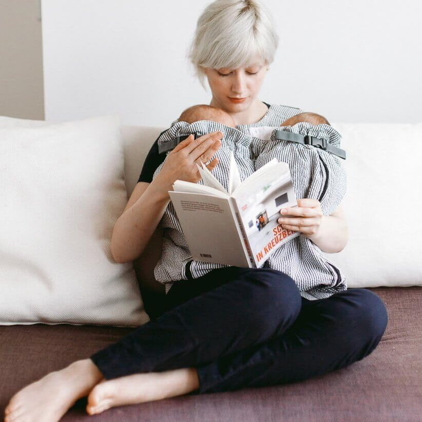 Weego Twin Grey & White Seersucker Baby Carrier for Twins Directly from Birth (From 1,800 G) - Blue Pepita image number 7