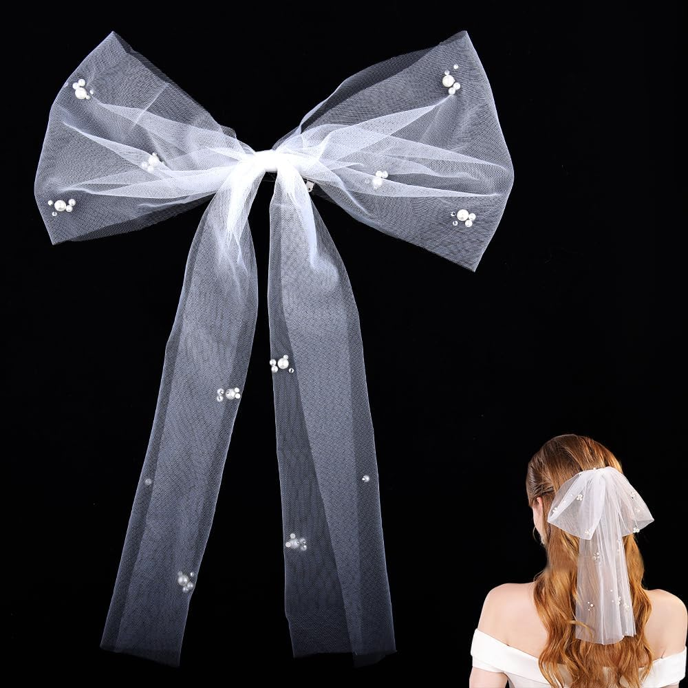 White Bow Wedding Veil for Bride - Short Tulle Veil with Pearl Hair Clip - Bridal Hair Accessories for Shower Party and Bachelorette image number 2