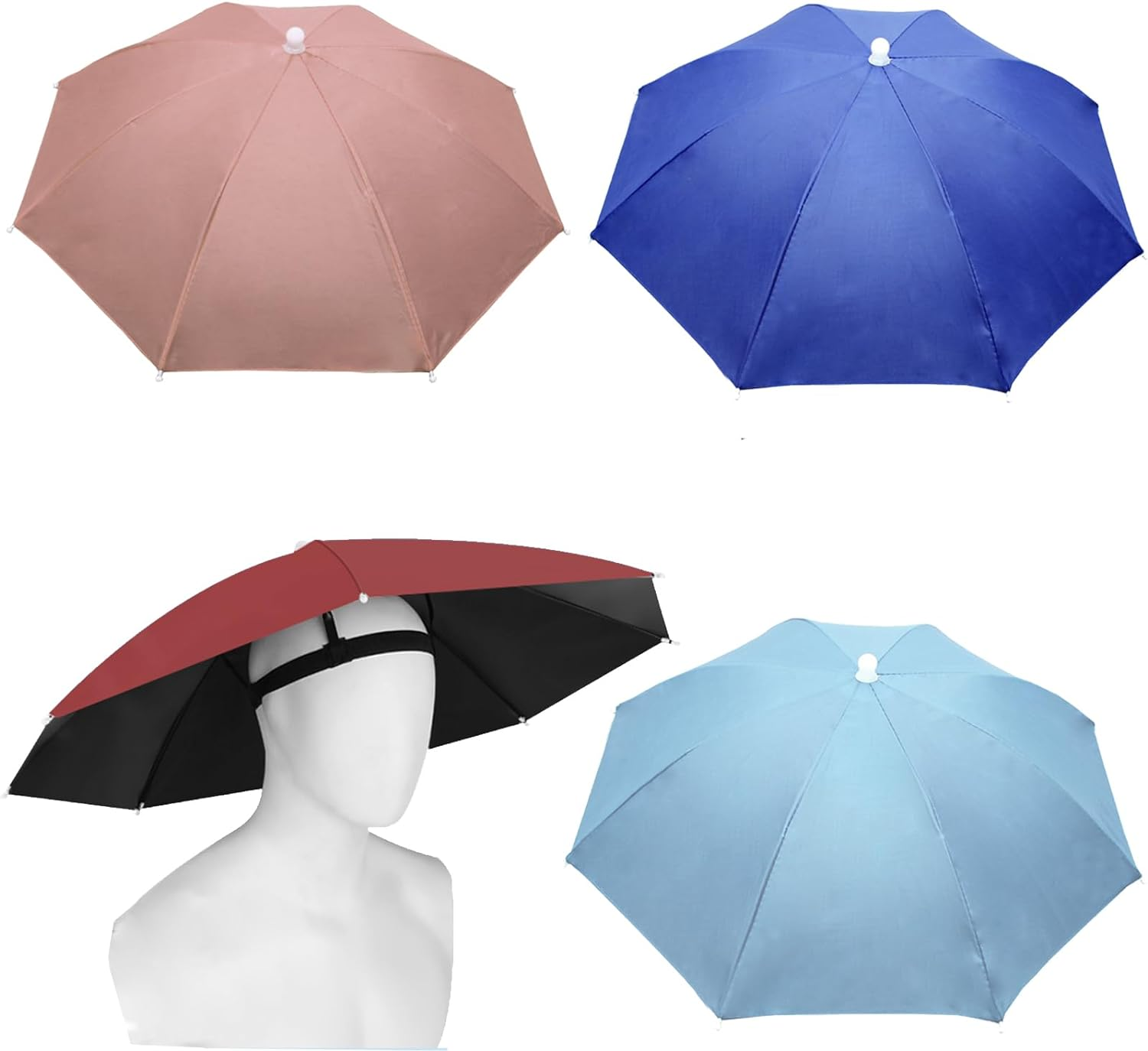 4 Pack Umbrella Hats, 27" Hands-Free Head Umbrella Hats for Adult, Folding Waterproof Umbrella Cap with Head Strap for Outdoor Party, Fishing, Sun, Rain, Beach image number 1