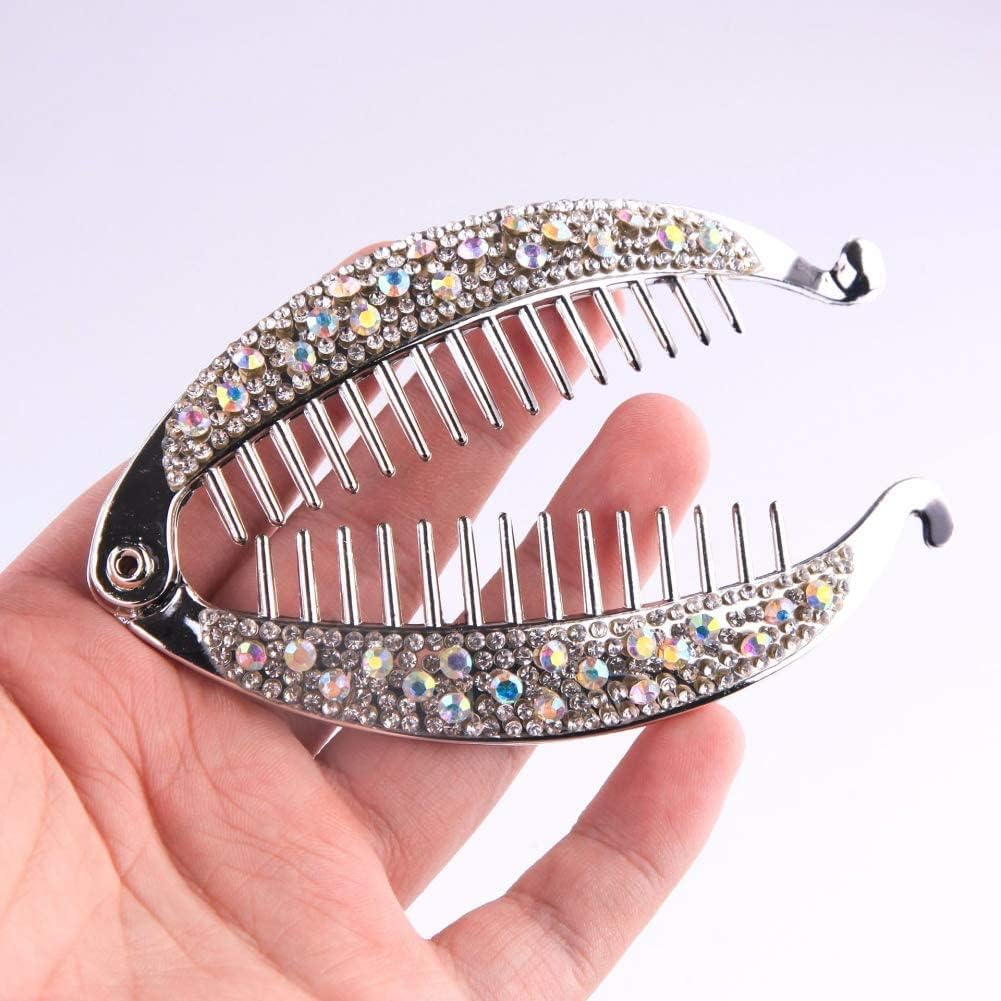 Silver Stylish Hair Pin Hair Clip, Women Girl Banana Fish Shape Hairpin Rhinestone Hair Clip Grip Barrette Headwear Beauty Hair Accessories image number 5