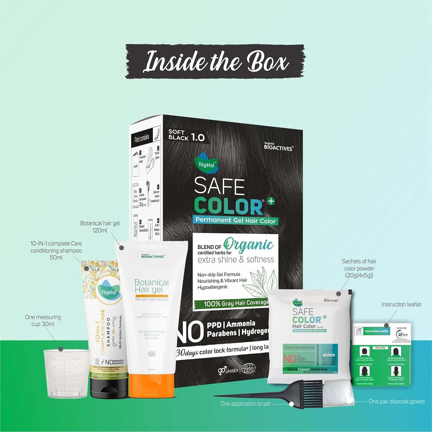 Vegetal Safe Color+ Organic Permanent Gel Hair Color -Soft Black, 190 Ml | No Ammonia, No PPD, No Parabens, No Hydrogen Peroxide Herbal Permanent Hair Dye with 30 Days Lock Formula image number 2