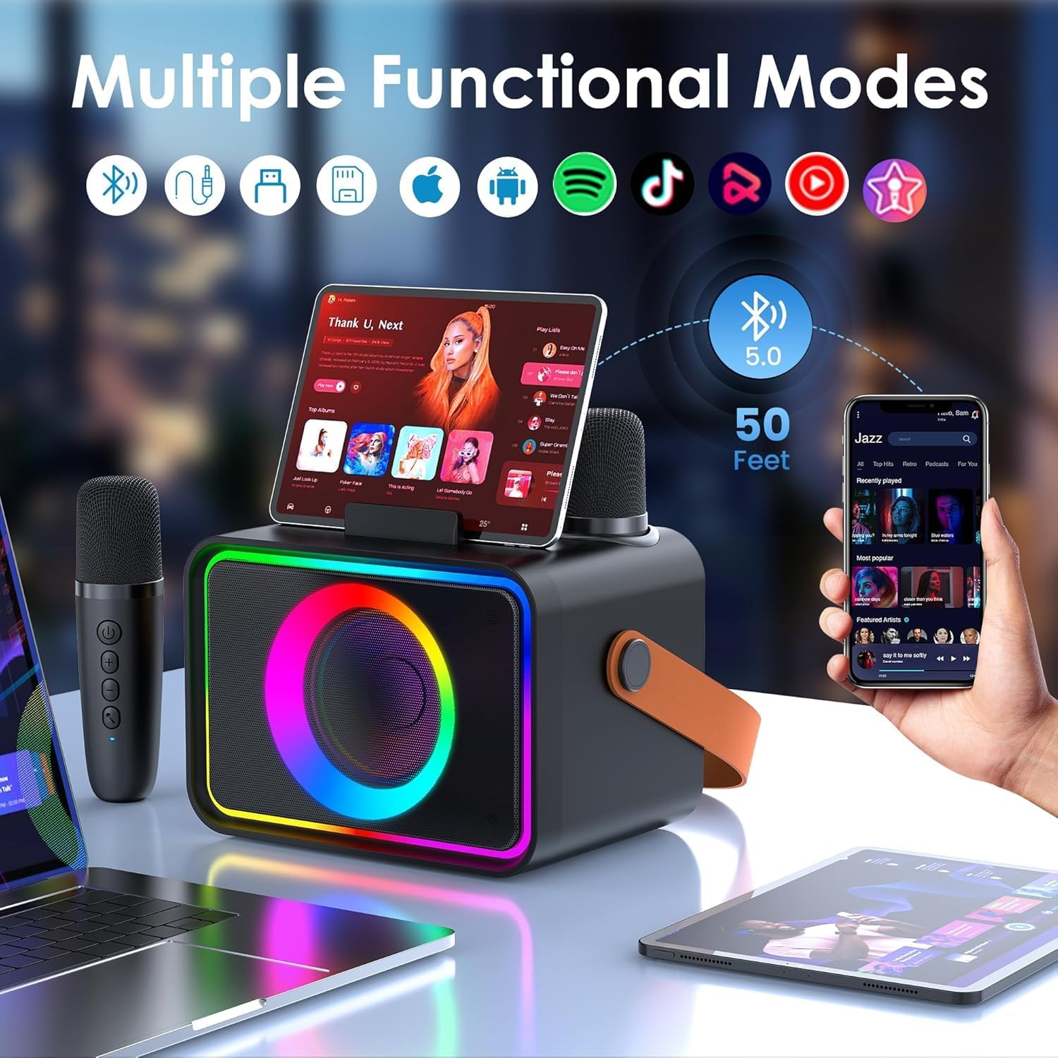 YLL Upgraded Karaoke Machine for Kids & Adults, Portable Bluetooth Speaker with 2 Wireless Microphones with LED Lights, Supports USB/TF/AUX, Christmas Birthday Gifts for Boys Girls, Home Outdoor Party image number 5