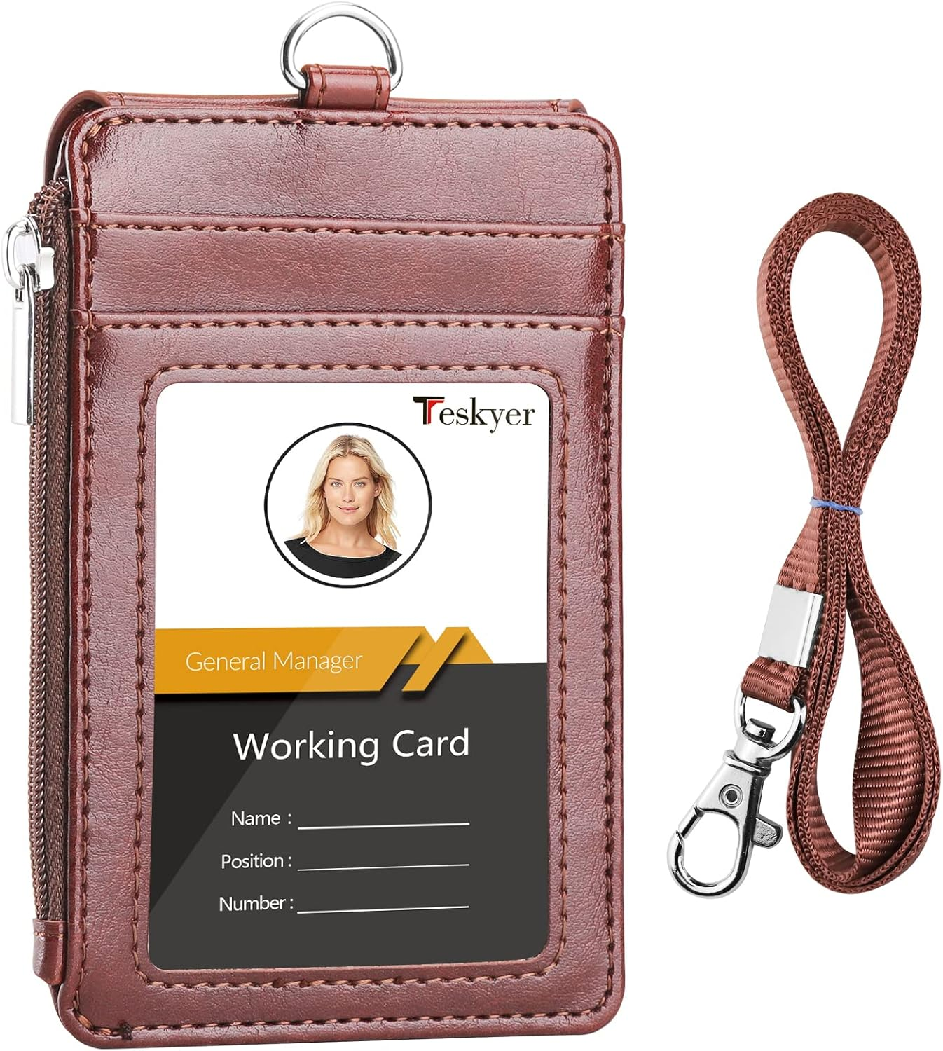 Teskyer Badge Holder with Side Zip Pocket, Multiple Card Slots Leather ID Holder Wallet with Neck Lanyard for Office Staffs, Teachers/Students, Couriers, Workers