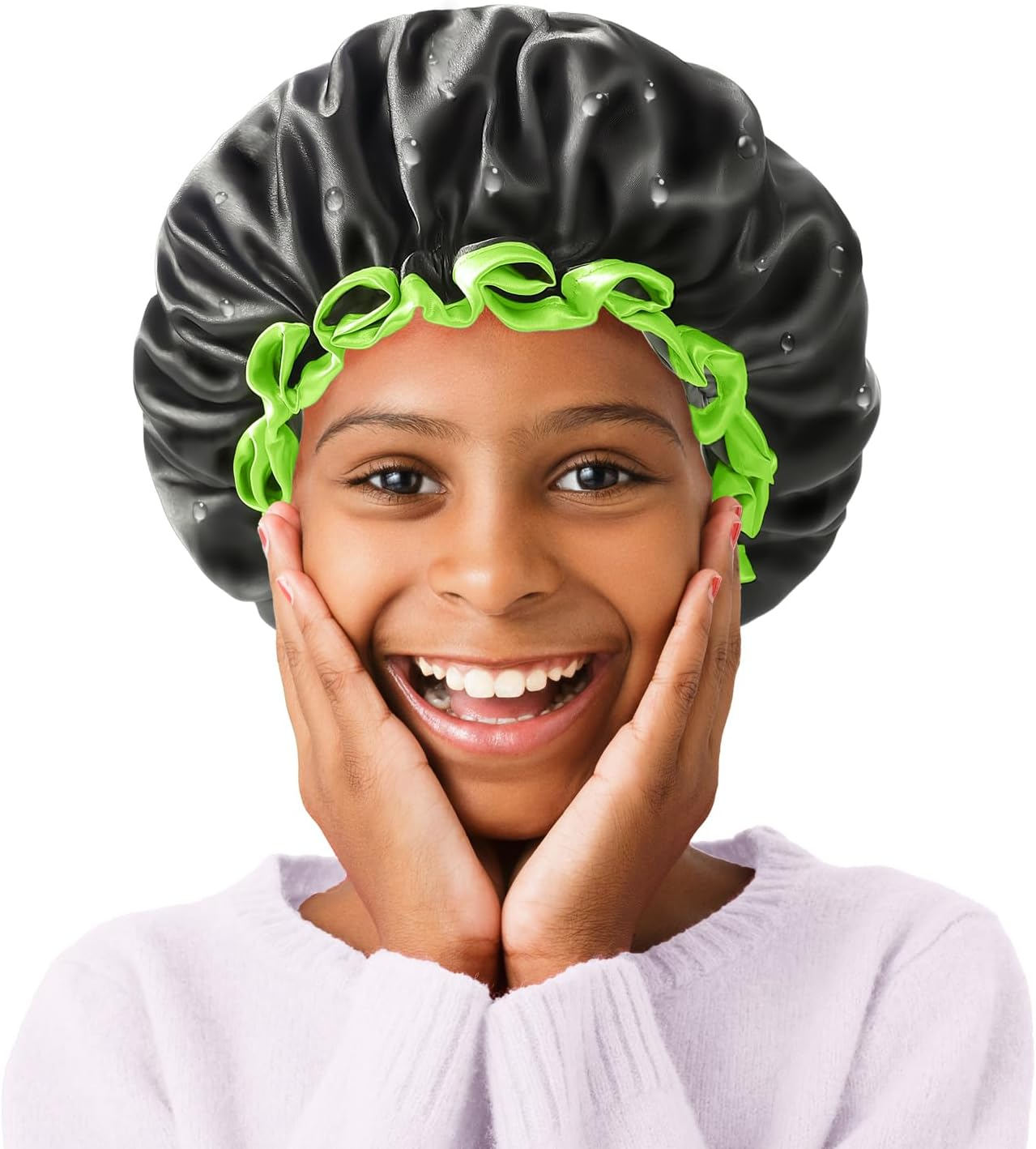 Mikimini Large Shower Cap for Women Long Hair, Black, Reusable Waterproof Double Layers XL Washable Colorfast Odorless High-Quality Shower Cap for Men with Vibrant Orange Edge