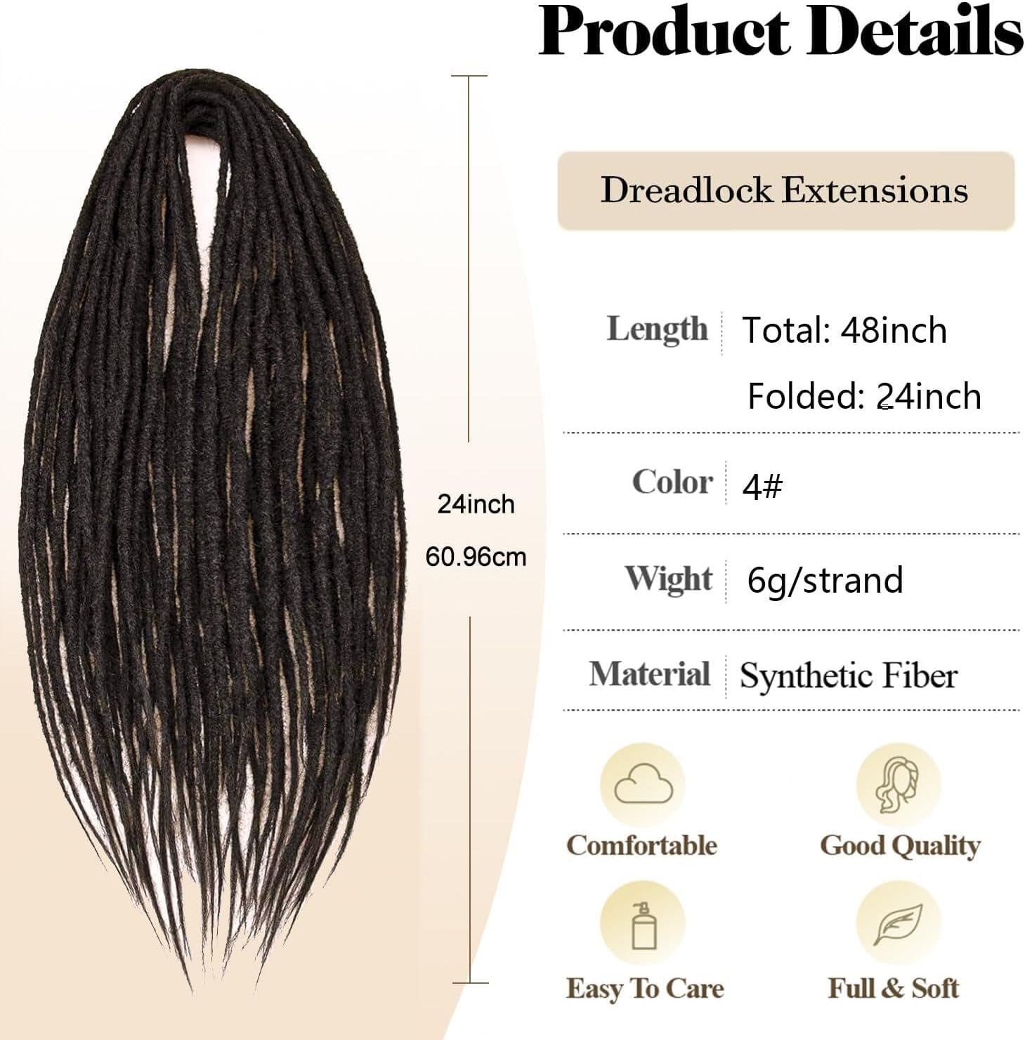 PORSMEER 24 Inch Dreadlocks Extensions 10 Strands Handmade Dreadlock Crochet Hair Braids Synthetic 0.6 Cm Hippie Straight Double Ended Dreads Goddess Locs Crochet Hair for Women (4#, Double-Ended)