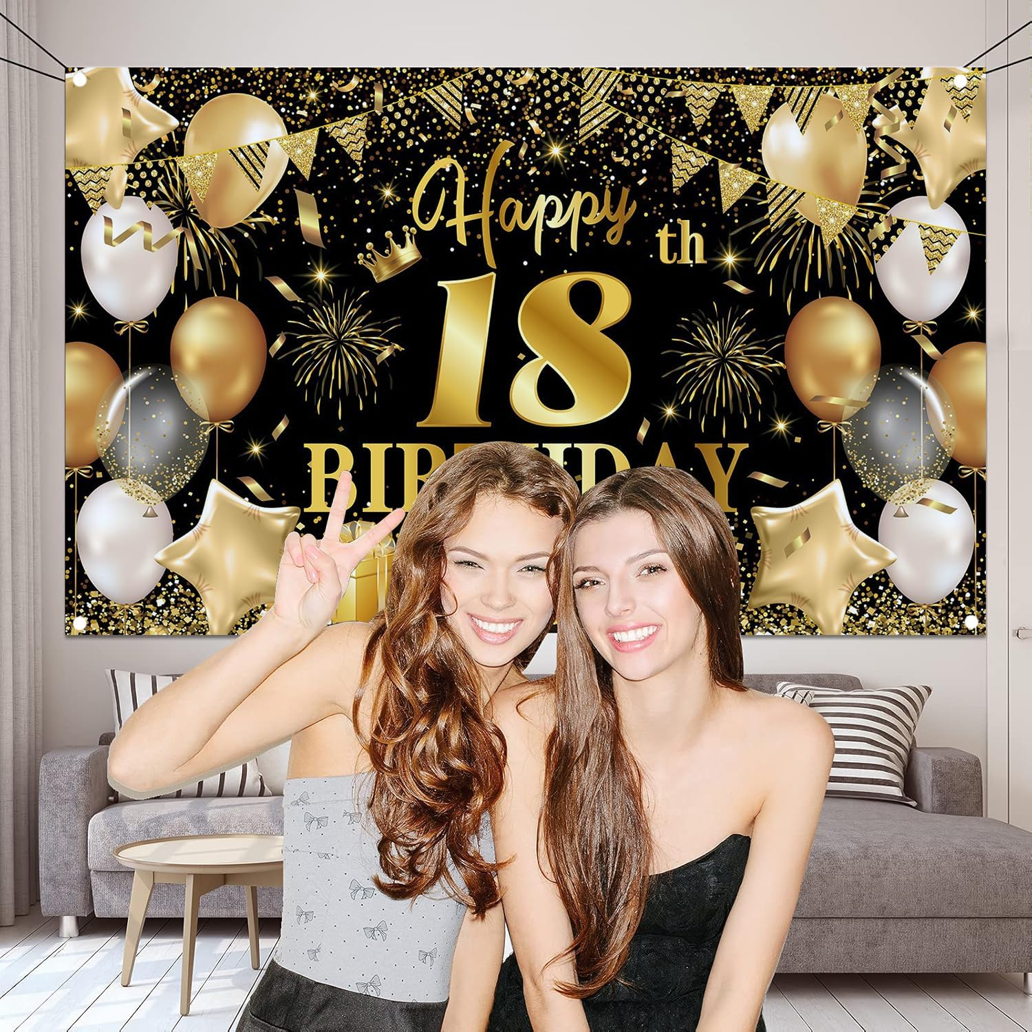 Happy 18Th Birthday Decoration Backdrop Banner Black Gold Birthday Decorations Party Supplies 18Th Party Banner (18Th) image number 2