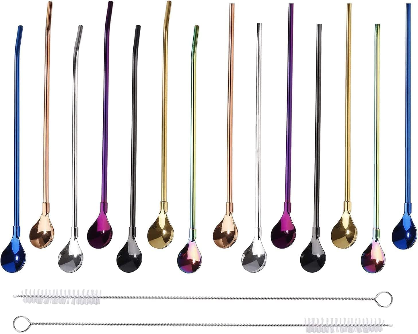Betterjonny 14Pcs Stainless Steel Drinking Spoon Straws - 2 in 1 Long Handle Reusable Straws with 2 Cleaning Brushes for Latte Macchiato (7 Colors) image number 5