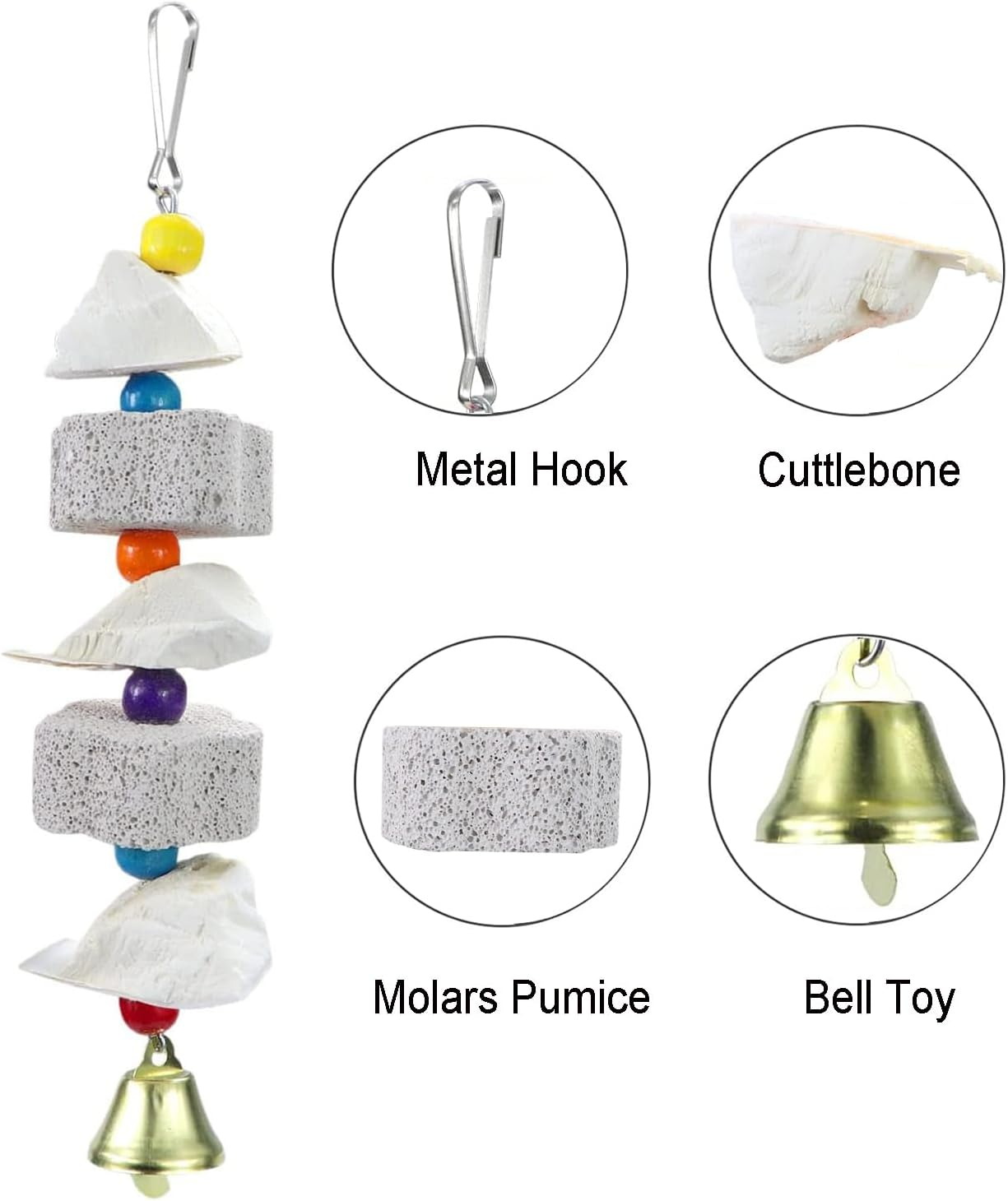 2Pcs Bird Beak Trim Cuttlebone Calcium Stone Lava Block Chew Toy Grinding Teeth Natural Minerals with Bell for Parakeet Conure Lovebird Cockatiel Finch Canary Hamster Chinchilla Rabbit image number 5