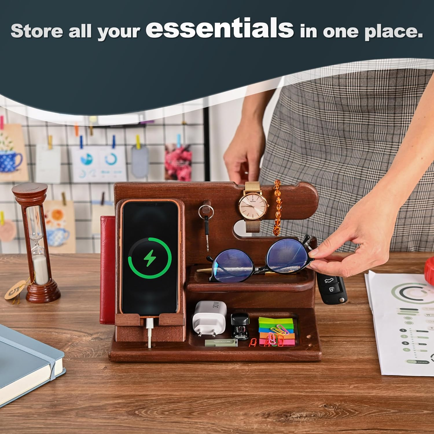 Wood Phone Docking Station Ash Key Holder Wallet Stand Watch Organizer Men Gift Husband Wife Anniversary Dad Birthday Nightstand Purse Father Graduation Male Travel Idea Gadget (Chestnut) image number 4
