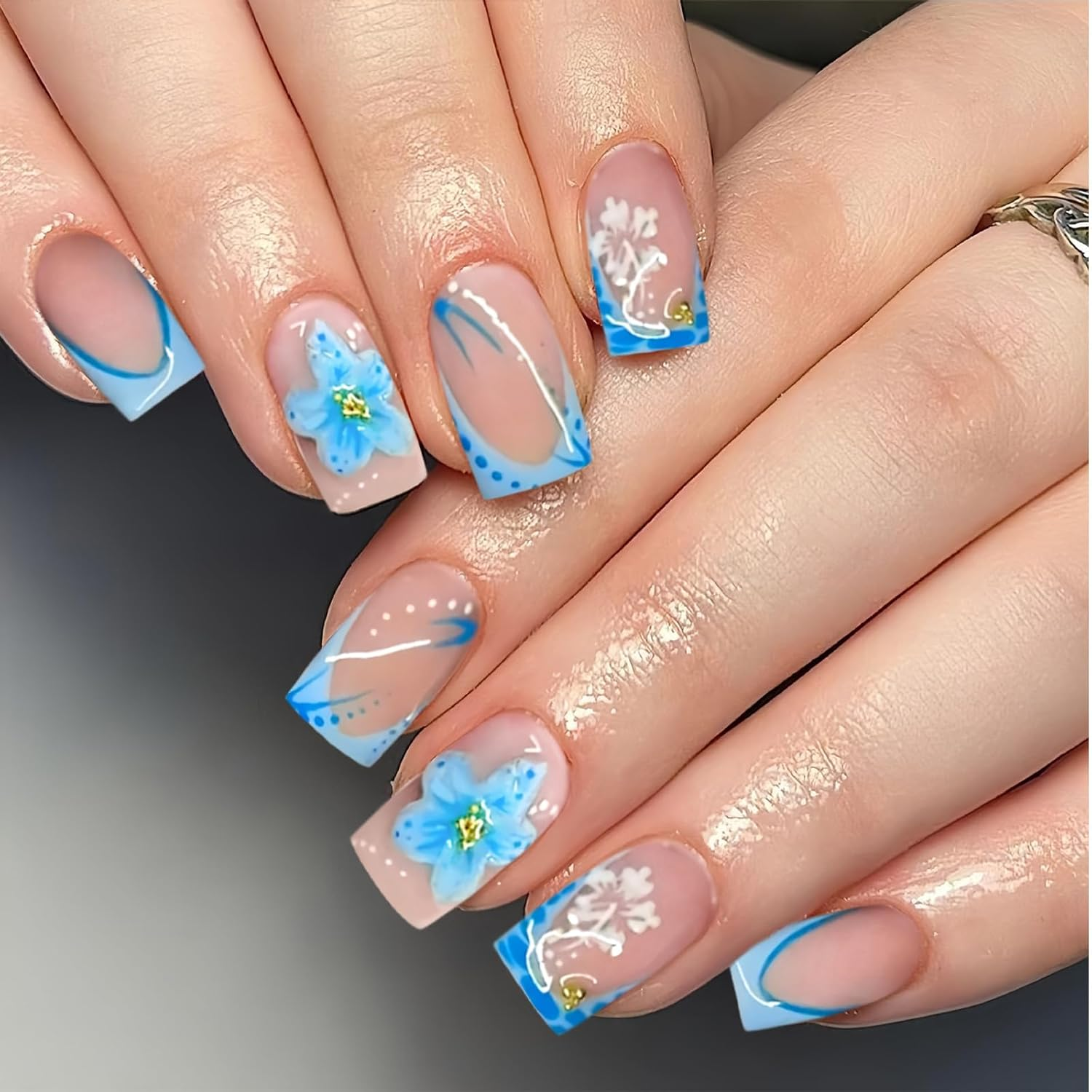 Yamobi Pack of 24 Artificial Blue Flower Nails - Short Square for Women with French Tip and Gold Rhinestone Design for Spring and Summer image number 6