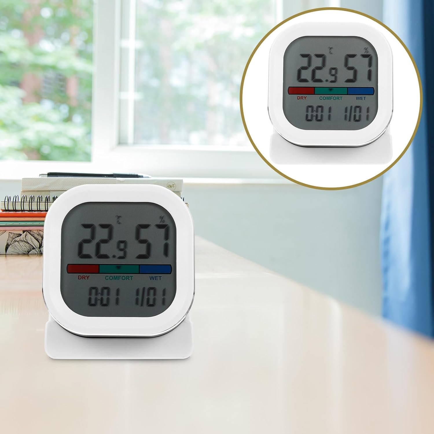 Alasum Digital Thermohygrometer with Clock Function Desktop Indoor Temperature Humidity for Home Office Greenhouse Reptile Tank Precise Measurement Aluminum Alloy Abs Design image number 2