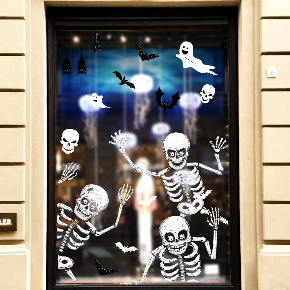 70 PCS Halloween Window Clings Halloween Window Stickers Skeleton Ghosts Bats Halloween Decorations for Windows Glass Walls Halloween Haunted House Party Supplies image number 1