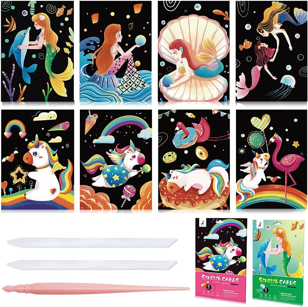 Scratch Art Rainbow Painting Scratch off Doodle Paper, Womens Hobbies Engraving Art Craft Set, Creative Gifts for Girls Boys Students Drawing Older Kids Scratch Art Pads 8 Sheets (Dinosaur & Space)