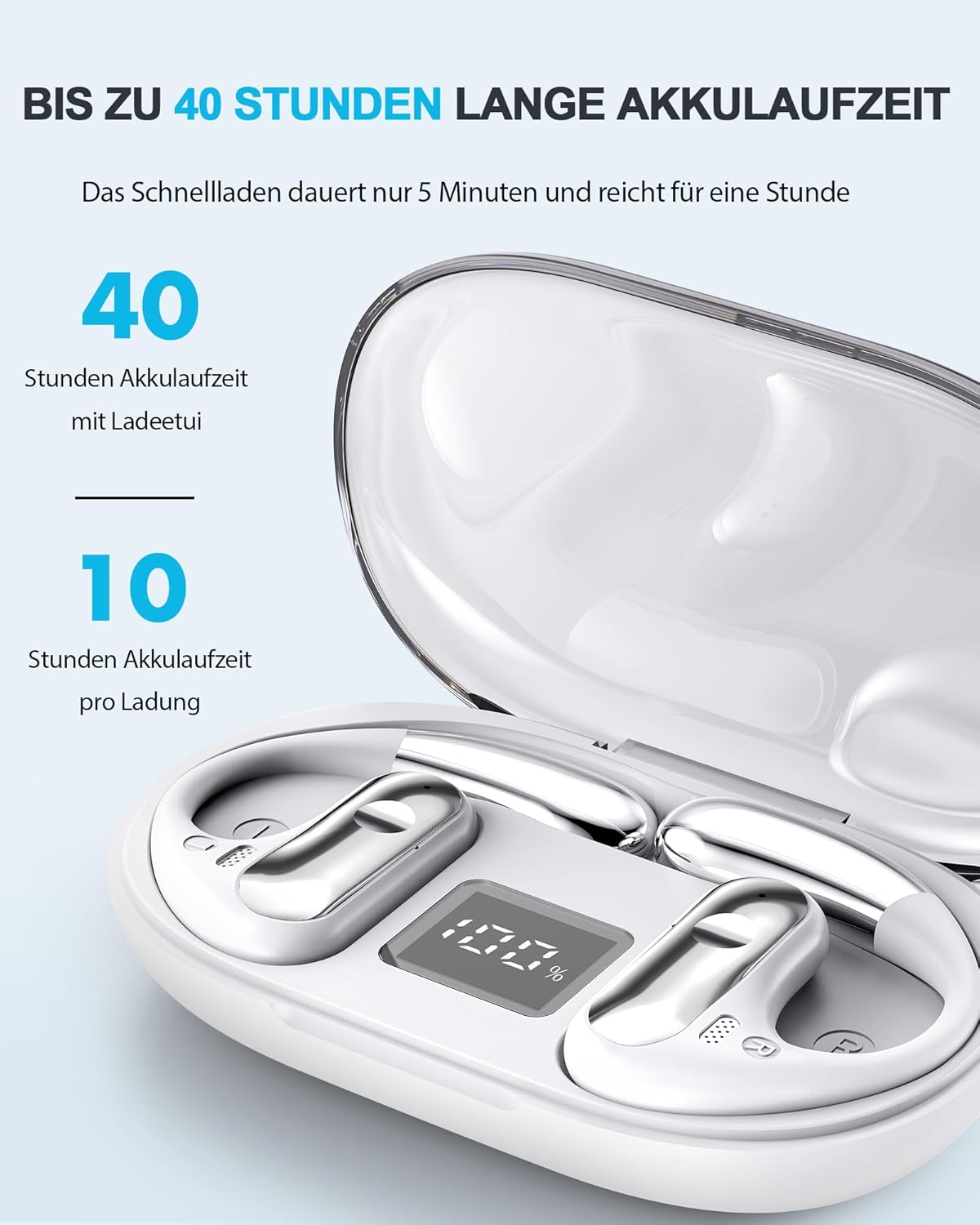 Open Ear Bluetooth Headphones, Bluetooth 5.3 Headphones Wireless with 4 Mics, 40 Hours Dual LED Display, Type-C Headphones, Wireless Bluetooth, IP7 Waterproof ENC Sports Headphones, White image number 4