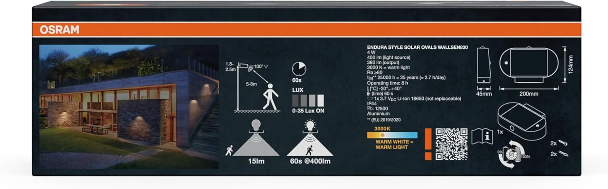 OSRAM Endura Style Small Oval Solar Wall Light, Warm White Light (3000 K), Integrated Sensor, Can Be Used without Power, Long Runtime: 30 Times 60 Seconds in PIR Mode, Protection Class IP44, Black image number 1