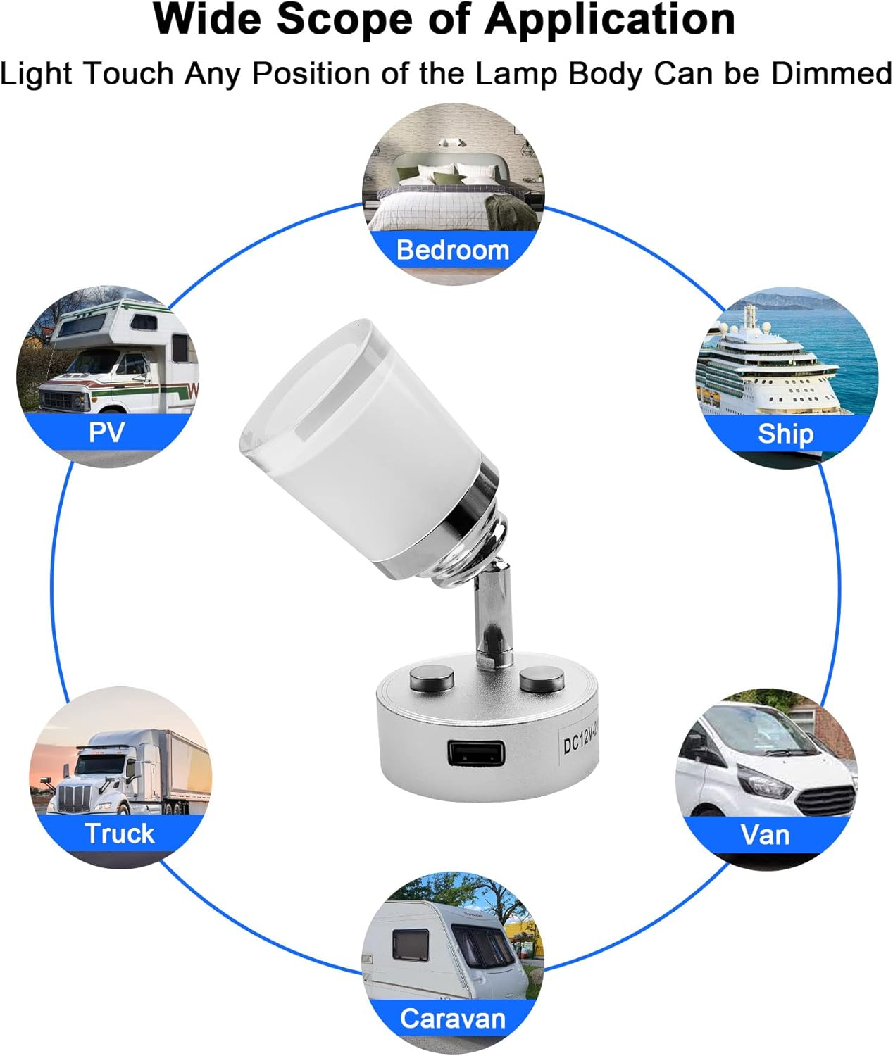 RV Reading Lights LED 12V Fixtures with USB Port Dimmable RV Reading Light for Camper, Van, Boat and Motorhome Adjustable Touch Control Warm White Lights 2Pack (A) image number 4