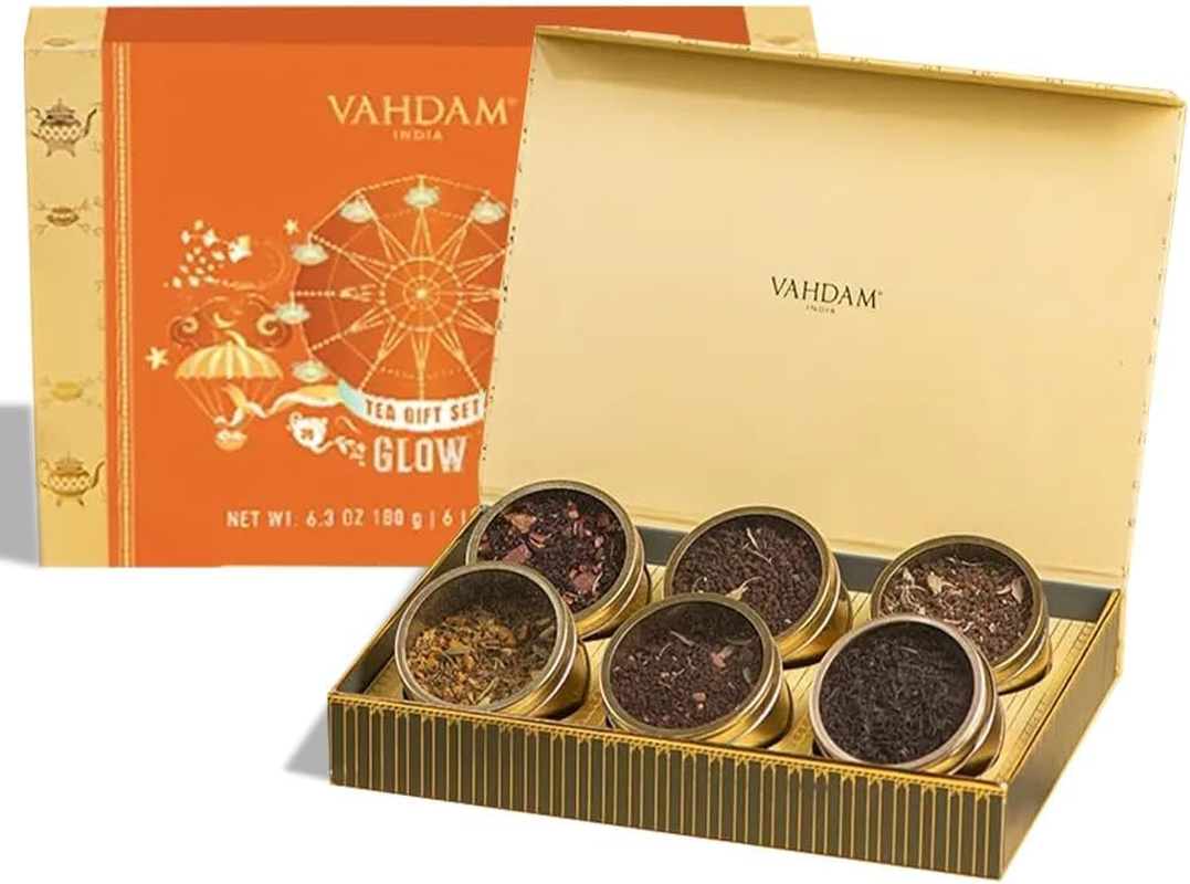 VAHDAM, GLOW - Assorted Tea Gift Set (6 Loose Leaf Tea) Tin Caddy Presentation Box | Gluten Free, Non GMO | Tea Gift Set for Women & Men image number 3