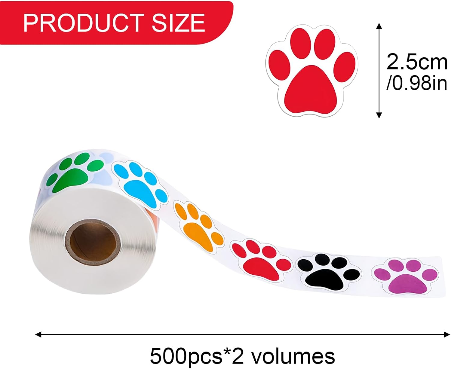 Dog Paw Print Stickers, Roll/1000Pcs Colorful Dog Paw Label Stickers, Bear Paw Animal Paw Print Stickers for Scrapbook Wall Decal Decoration image number 3