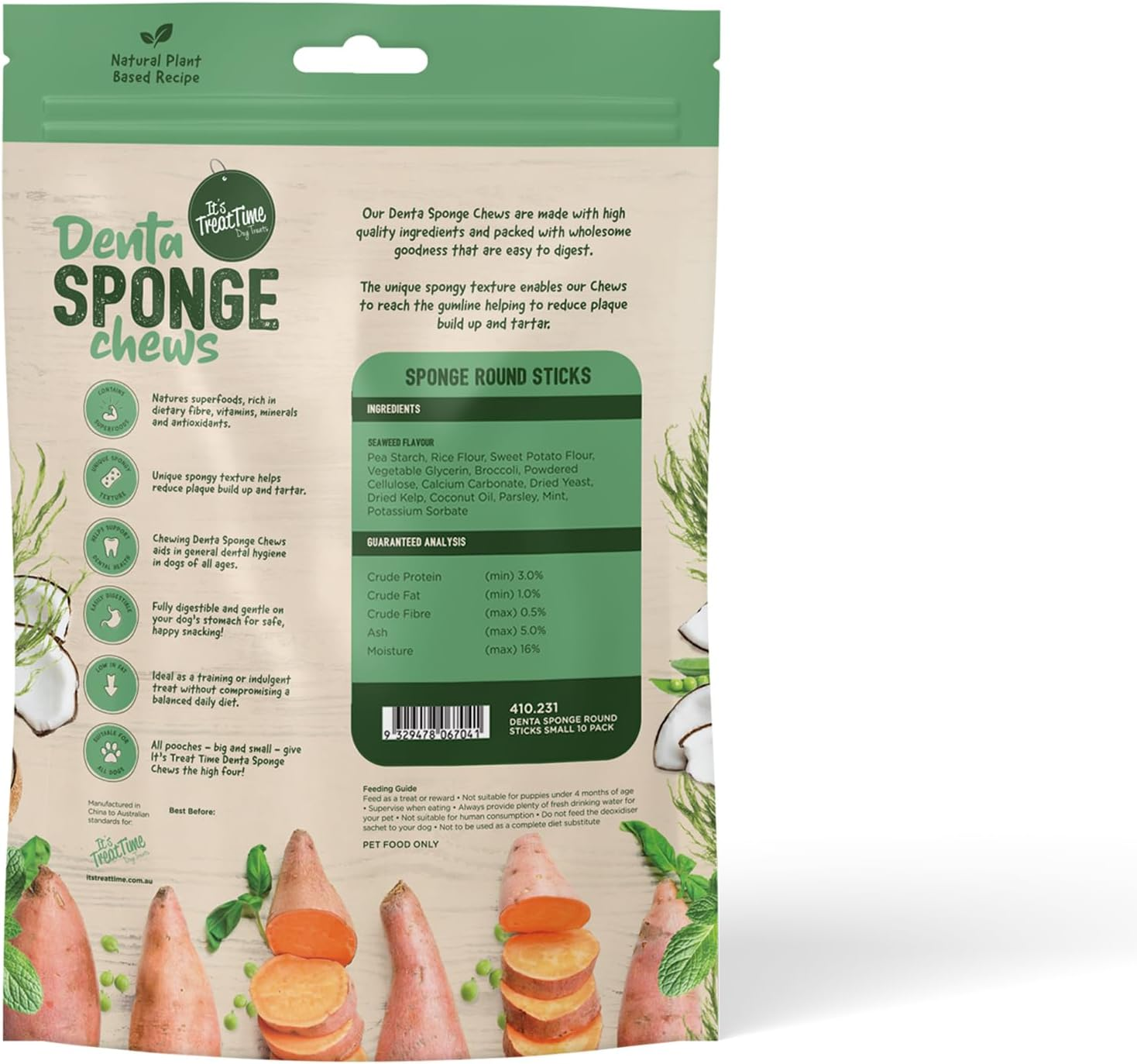 It'S Treat Time Denta Sponge Chews, round Sticks, Natural Plant Based,Small 10 Pack &ndash; Dental Chews with Superfoods, Low Fat, Easily Digestible, Helps Reduce Plaque & Tart, Seaweed Flavour image number 3