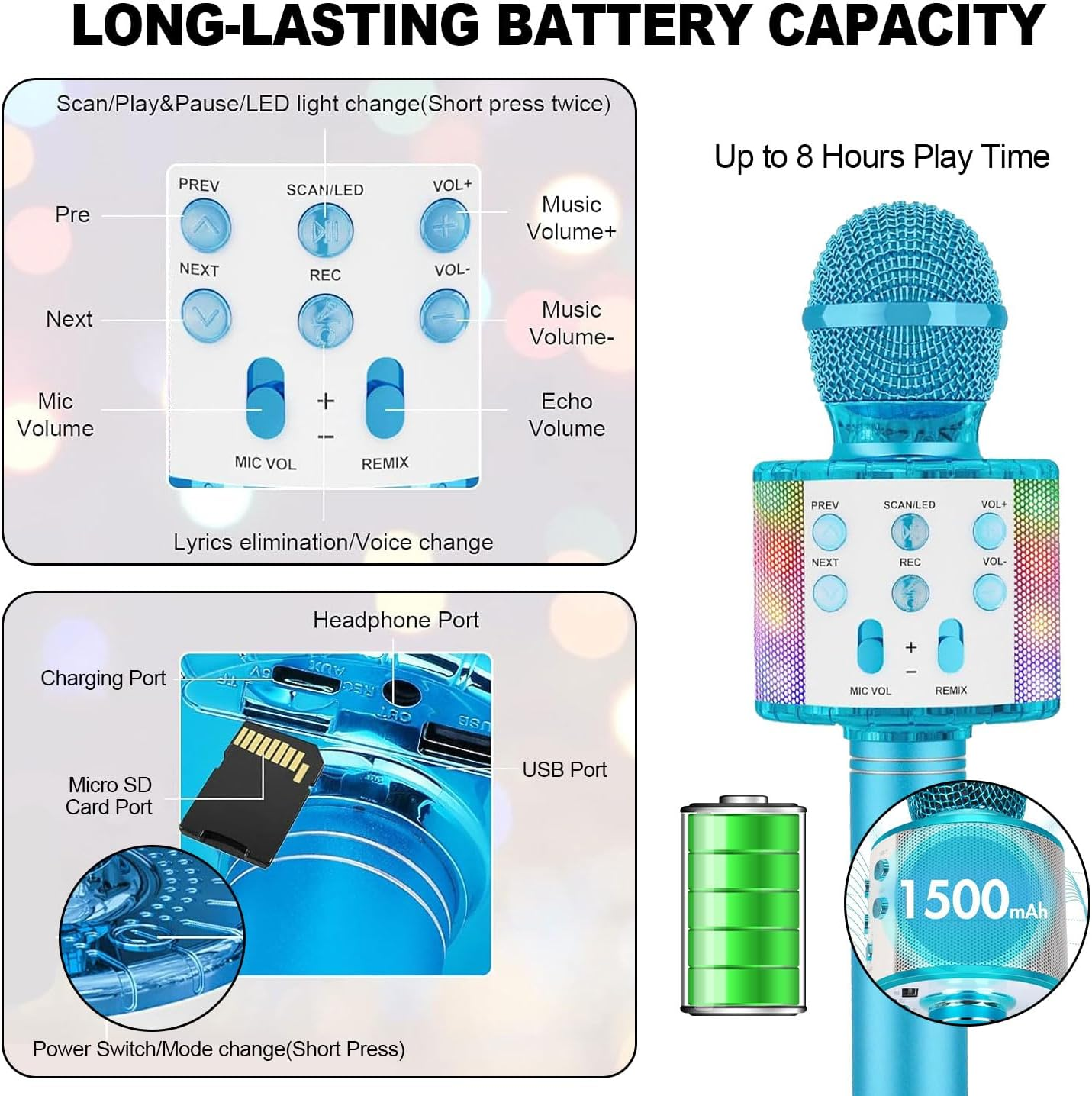 Wireless Karaoke Microphone, 5 in 1 Portable Bluetooth Microphone Kids, with Colored Leds. Karaoke Mic, for Mobile Phone/Android/Tv, for Gifts for Girls, Children and Adults of All Ages (Blue) image number 4