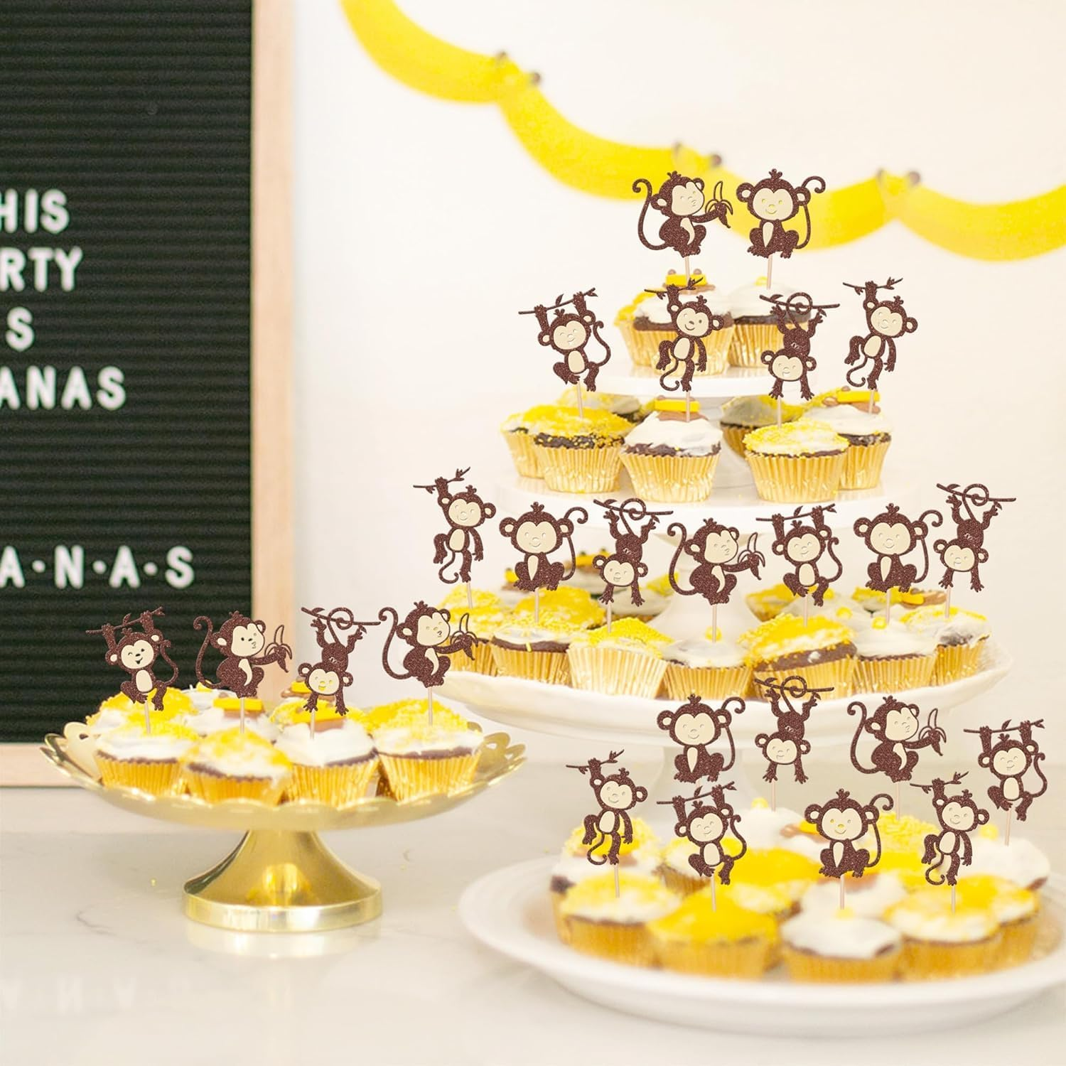 SYKYCTCY 30 Pack Monkey Cupcake Toppers Glitter Cut Monkey Animal Cupcake Picks for Forest Animals Zoo Theme Baby Shower Birthday Cupcake Decorations Party Supplies (Color-01) image number 2