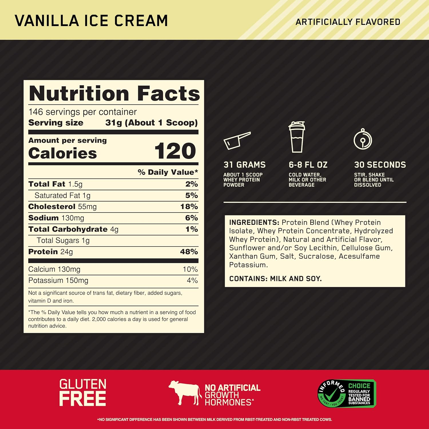 Optimum Nutrition Gold Standard 100% Whey Protein Powder, Vanilla Ice Cream, 10 Pound image number 3