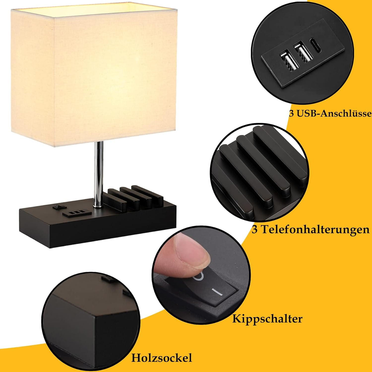 Dreamholder Table Lamp with 3 USB A+C Ports, 3 Phone Stands, Modern USB Bedside Lamp for Bedroom, Living Room, Office, Bedside Lamp with Black Wood Base & Fabric Shade - Black Wooden Base image number 6