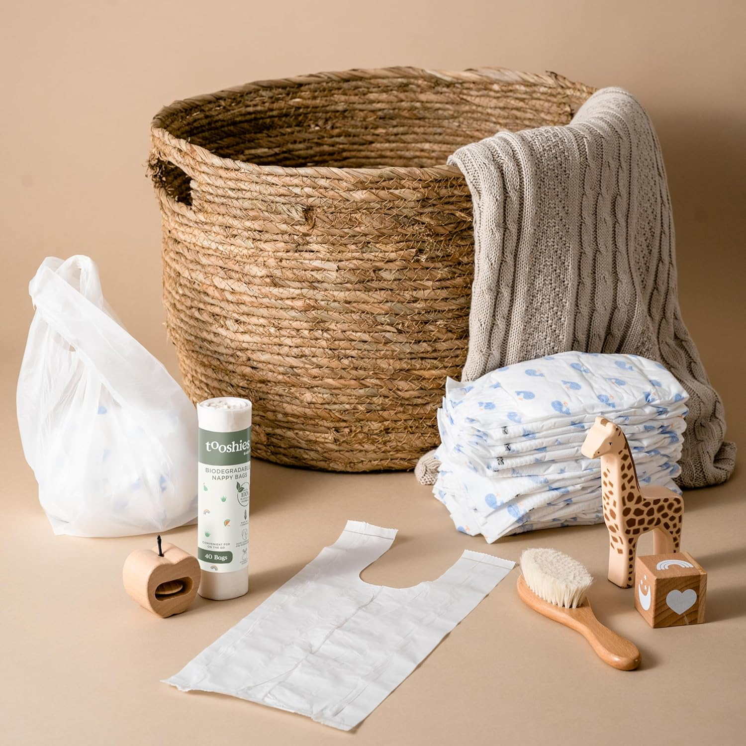 Tooshies Baby | Biodegradable Nappy Bags | Disposable | 100% Plant-Based | Fully Compostable | Hygienic Tie Handles | Minimal Packaging | 40Pk Roll