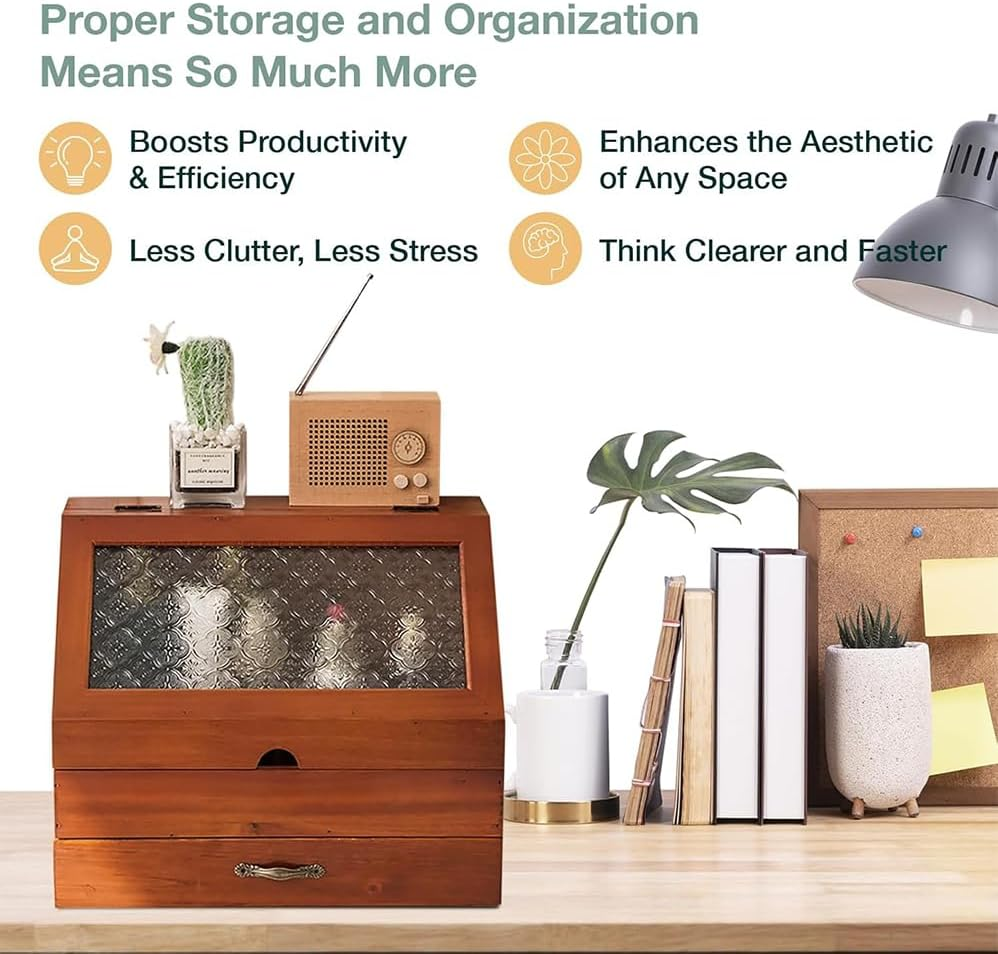 2 Tier Countertop Display Cabinet,Vintage Tabletop Organizer with Drawer Glass Top Compartment,Cosmetic Display Case with Drawer,Waterproof and Dustproof Transparent Cover,Wooden Desktop Storage Box image number 3