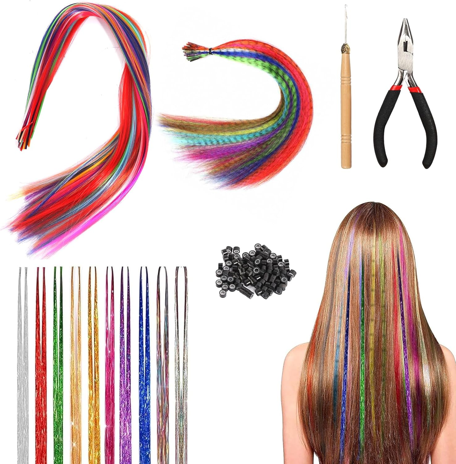 60 Piece Colourful Hair Extensions Set, Art Hair Extensions, Colourful Hair Strands, Children'S Glitter Hair Strands, Hairpiece, Pliers, Hook with 100 Beads, Ponytail Braids, Clip image number 6