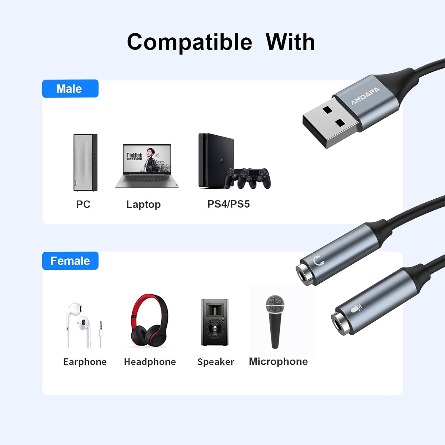 USB Headset Adapter,Andapa USB Audio Adapter Stereo External Sound Card with 3.5Mm Headphone and Microphone Jack for Windows Mac Linux PC Laptops Desktops PS5 image number 1