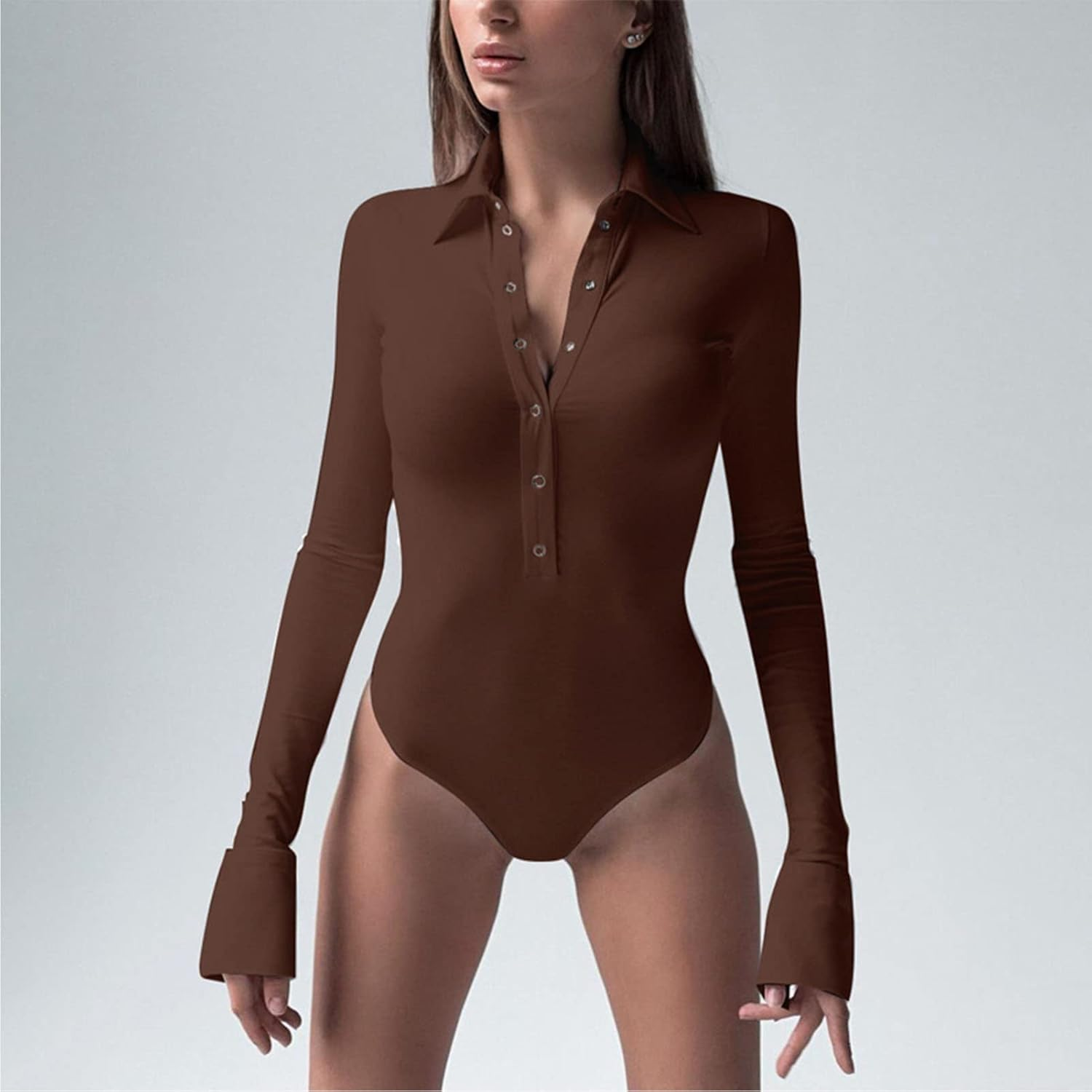 Slim Women Long Sleeve Bodysuit with Lapel V Neck, Snap Buttons Onesie for Club Party Look (Coffee) image number 1
