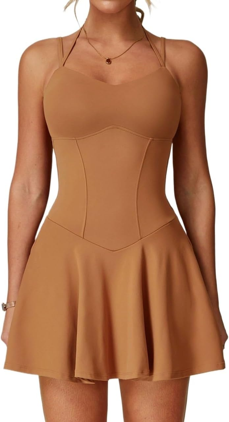 Tummy Control Tennis Dress for Women Backless Spaghetti Strap Active Dresses with Built-In Shorts and Bra