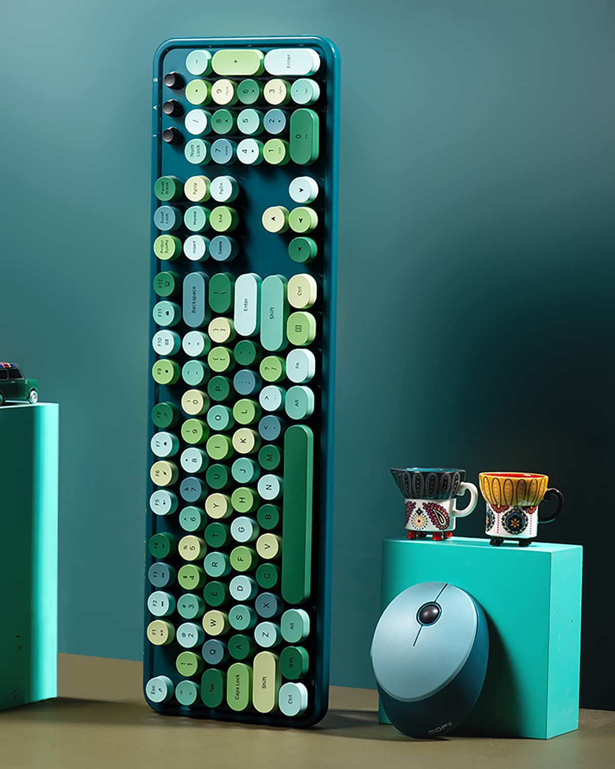 Wireless Keyboard and Mouse Combo Retro Typewriter Keyboard with Numeric Keypad and Optical Mice Set 2.4Ghz USB Keyboard for Mac Windows 7/8/10/11 Laptop Desktop - Blue Colorful image number 5