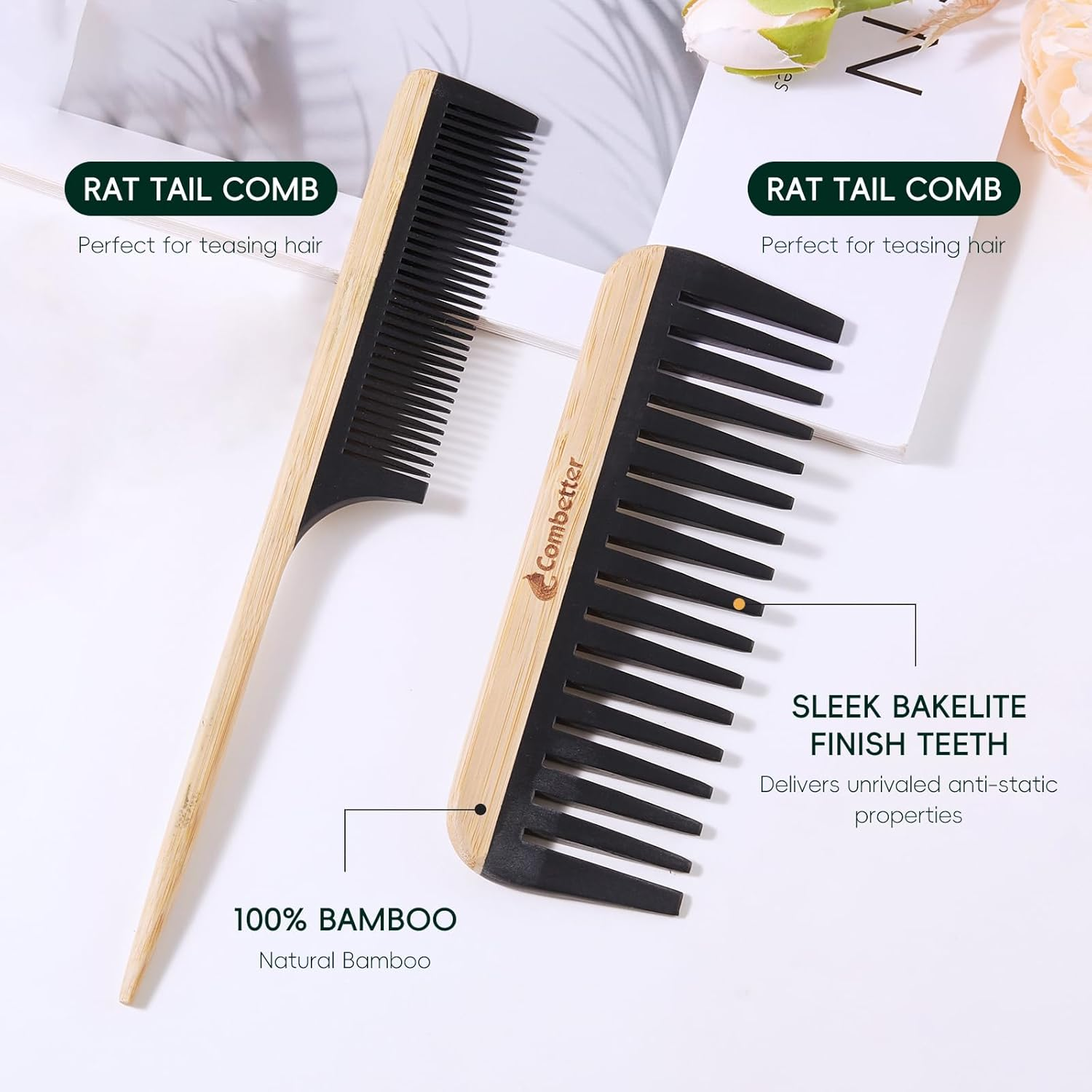 Bamboo Hair Brush Set, Natural Wooden Paddle Detangling Hairbrush, Eco-Friendly & Bakelite Durable Wide-Tooth Comb & Rat Tail Comb for Women, Men, Kid image number 6