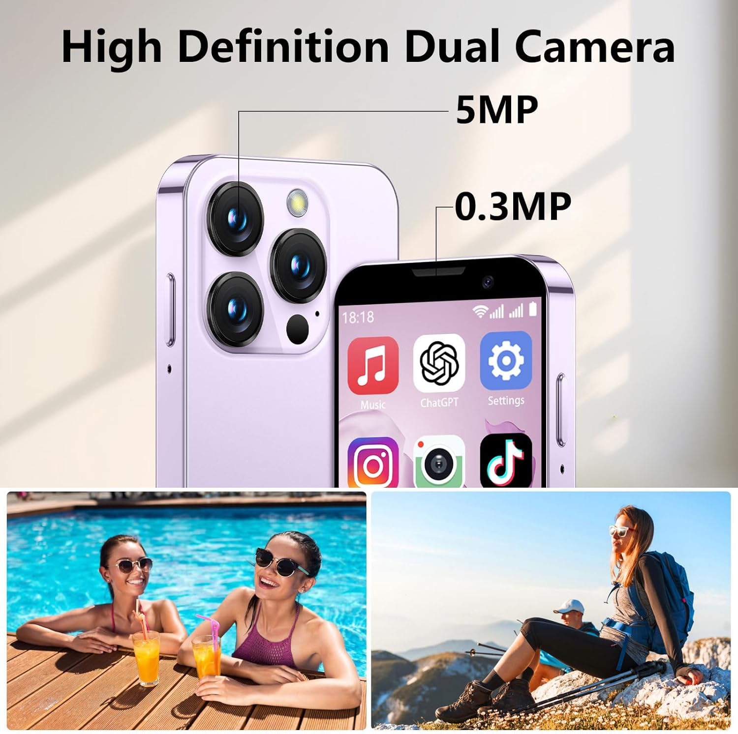 3.0&rdquo; HD Touch Screen Mini Smartphone, Unlocked Android Mini Phone, Face Recognition, Dual SIM, Wifi, GPRS, Ultra-Thin Body for Kids Phone, Cell Phone with Quad-Core Pink - Black image number 5