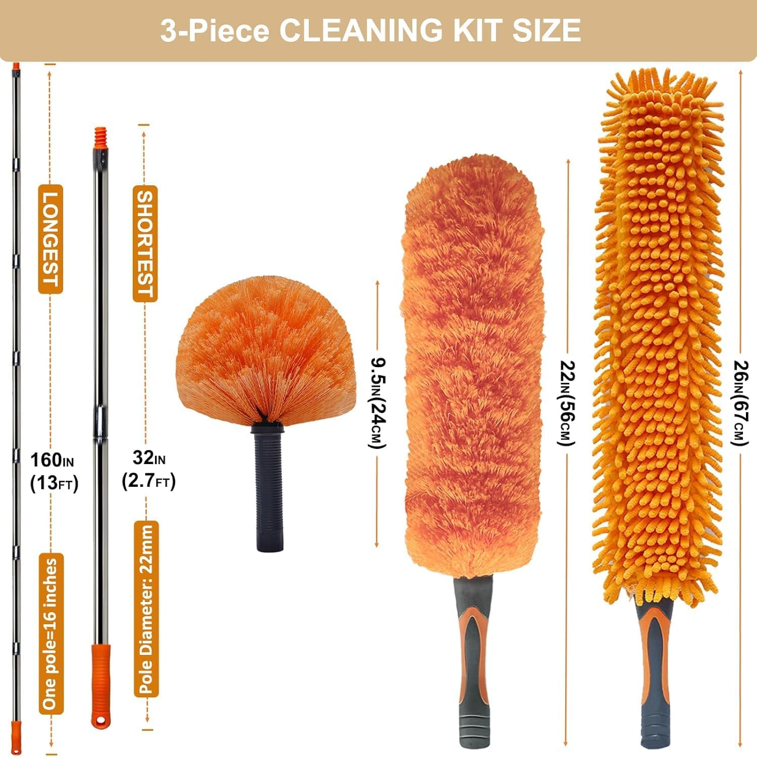 20 Ft+ High Reach Duster Kit with 3-13 Ft Detachable Pole//High Ceiling Chenille, Microfiber & Cobweb Dusters & Cleaning Tool for Home Indoor & Outdoor image number 4
