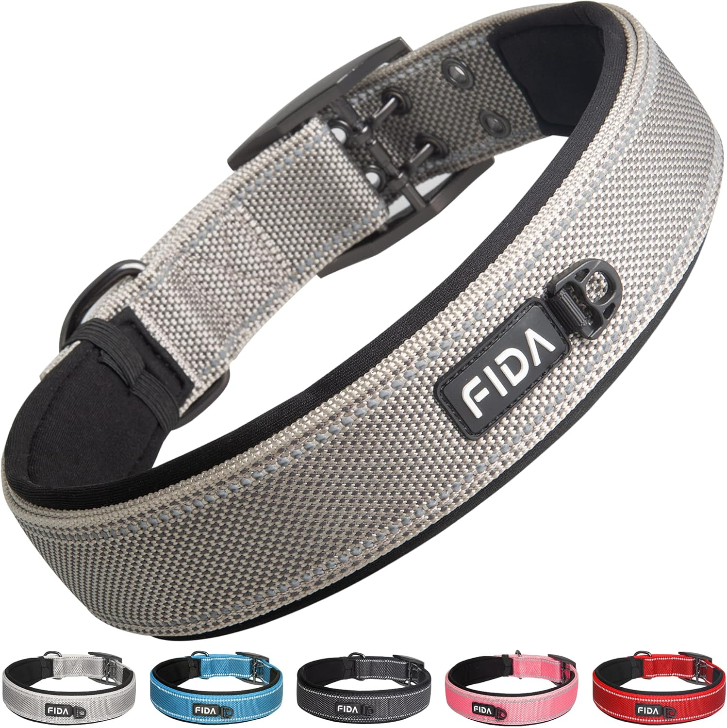 Fida Heavy Duty Dog Collar, Ultra Comfortable Soft Neoprene Padded, Adjustable Reflective Nylon Pet Collar with Durable Metal Belt Buckle for Medium Breeds (M, Blue)