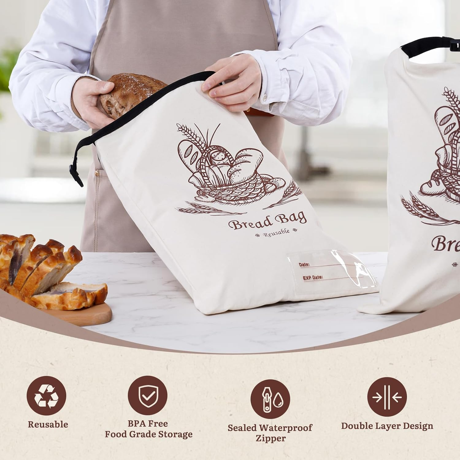 Puricon 2 Pack Reusable Beeswax Bread Bags for Homemade Bread, Large Capacity Linen Sourdough Bread Bags with Date Tracking Label, 12.4&times;16.5 Inch Bee Wax Bread Storage Bag