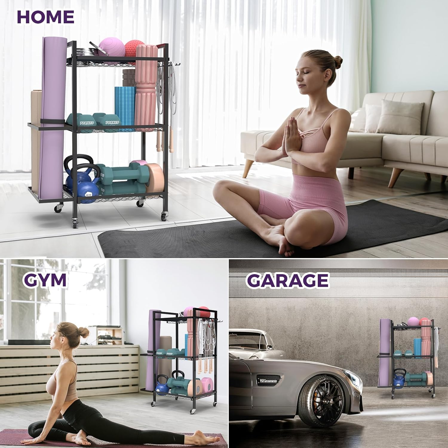 Yoga Mat Storage Sports Mat Exercise Equipment Storage Basket Training Equipment Yoga Mat Fitness Dumbbell Organiser Shelf Storage Basket Storage Rack Trolley image number 3
